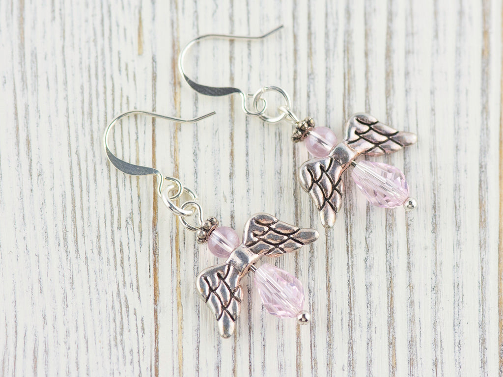 Pink Christmas Angel Earrings, Handmade Silver Plated Earrings, Angel Jewelry