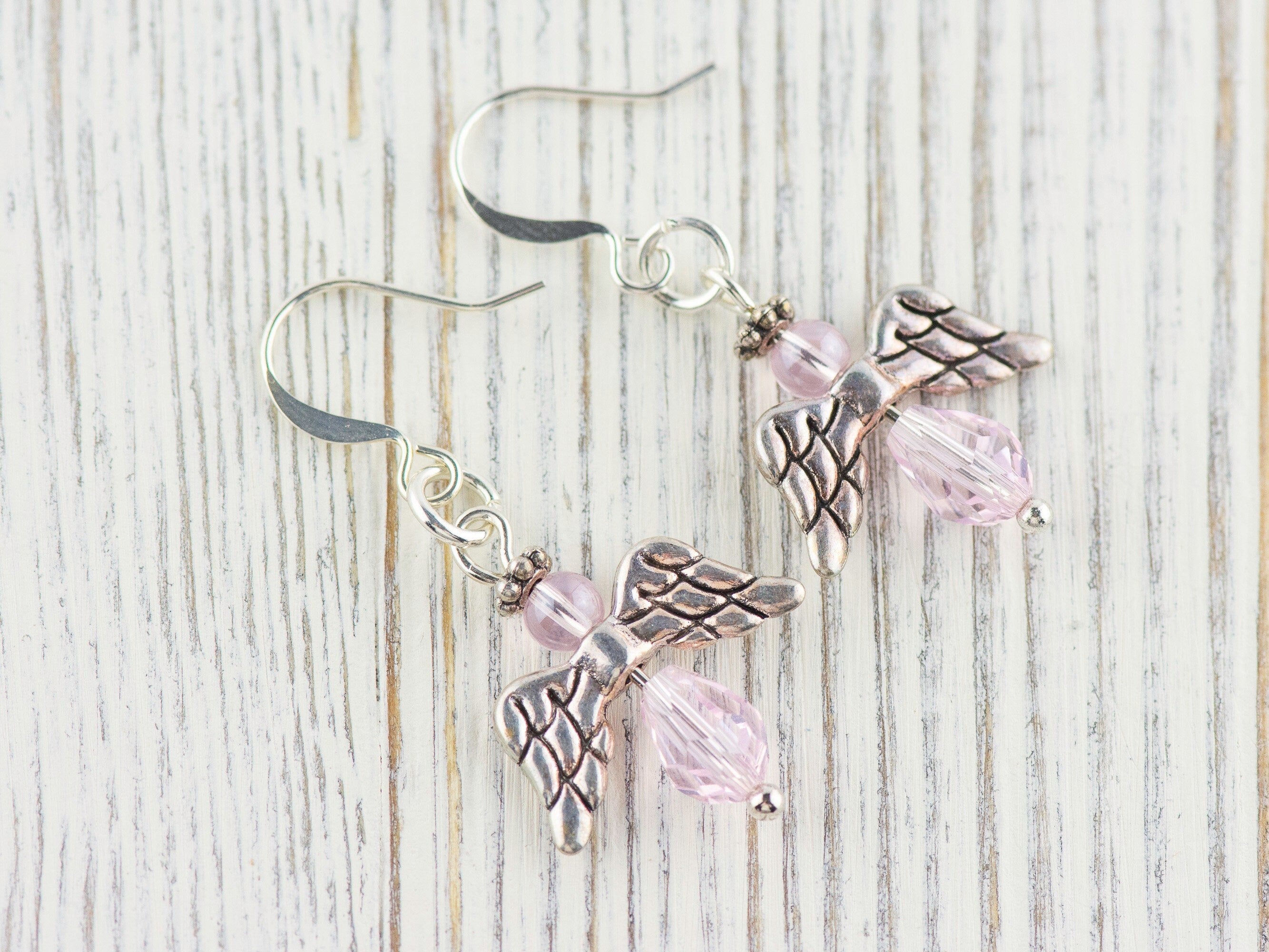 Pink Christmas Angel Earrings, Handmade Silver Plated Earrings, Angel Jewelry