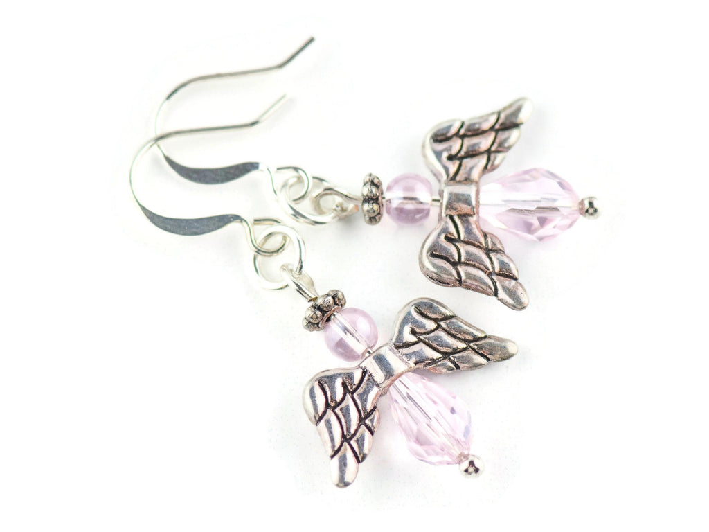 Pink Christmas Angel Earrings, Handmade Silver Plated Earrings, Angel Jewelry