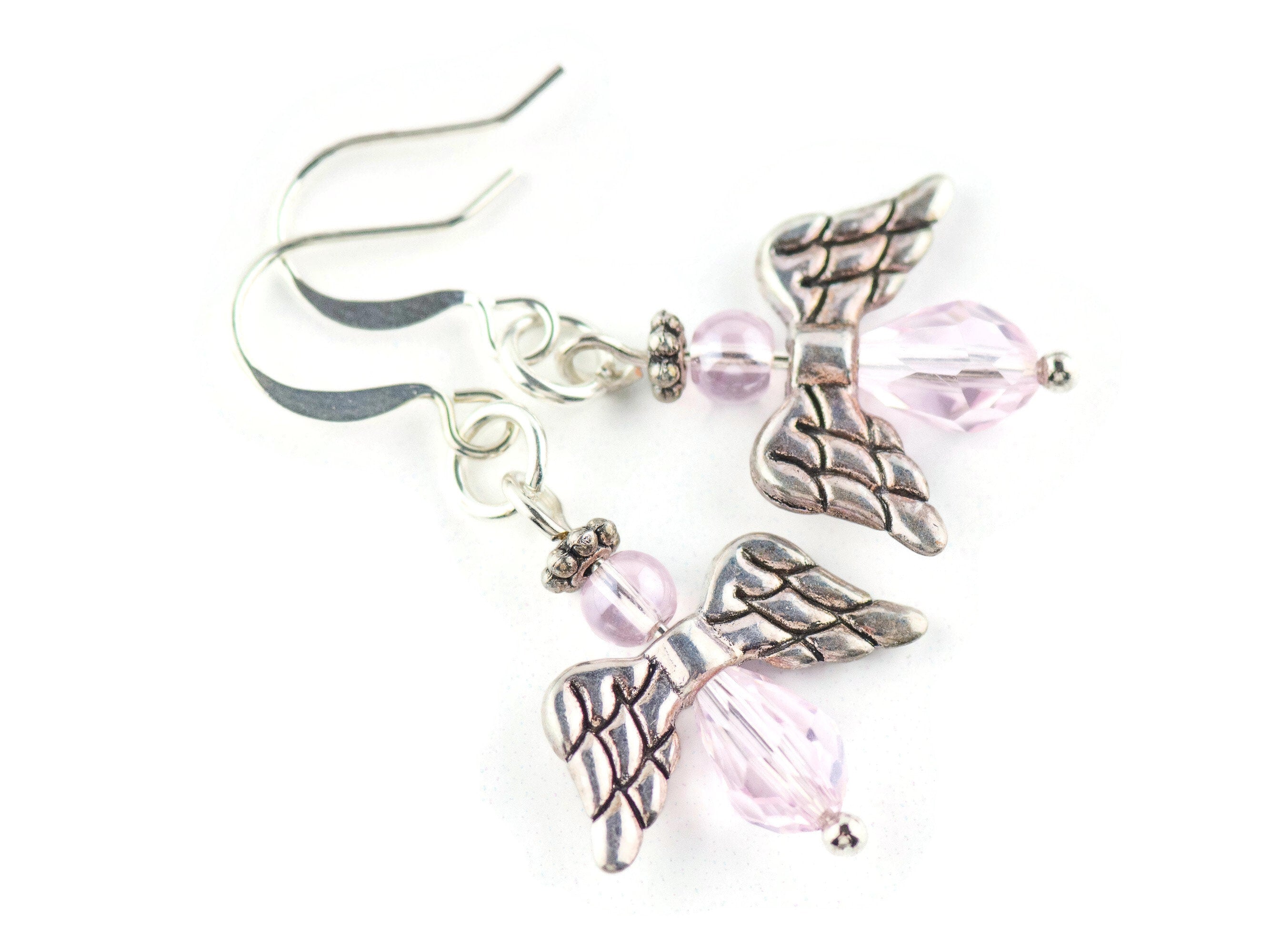 Pink Christmas Angel Earrings, Handmade Silver Plated Earrings, Angel Jewelry