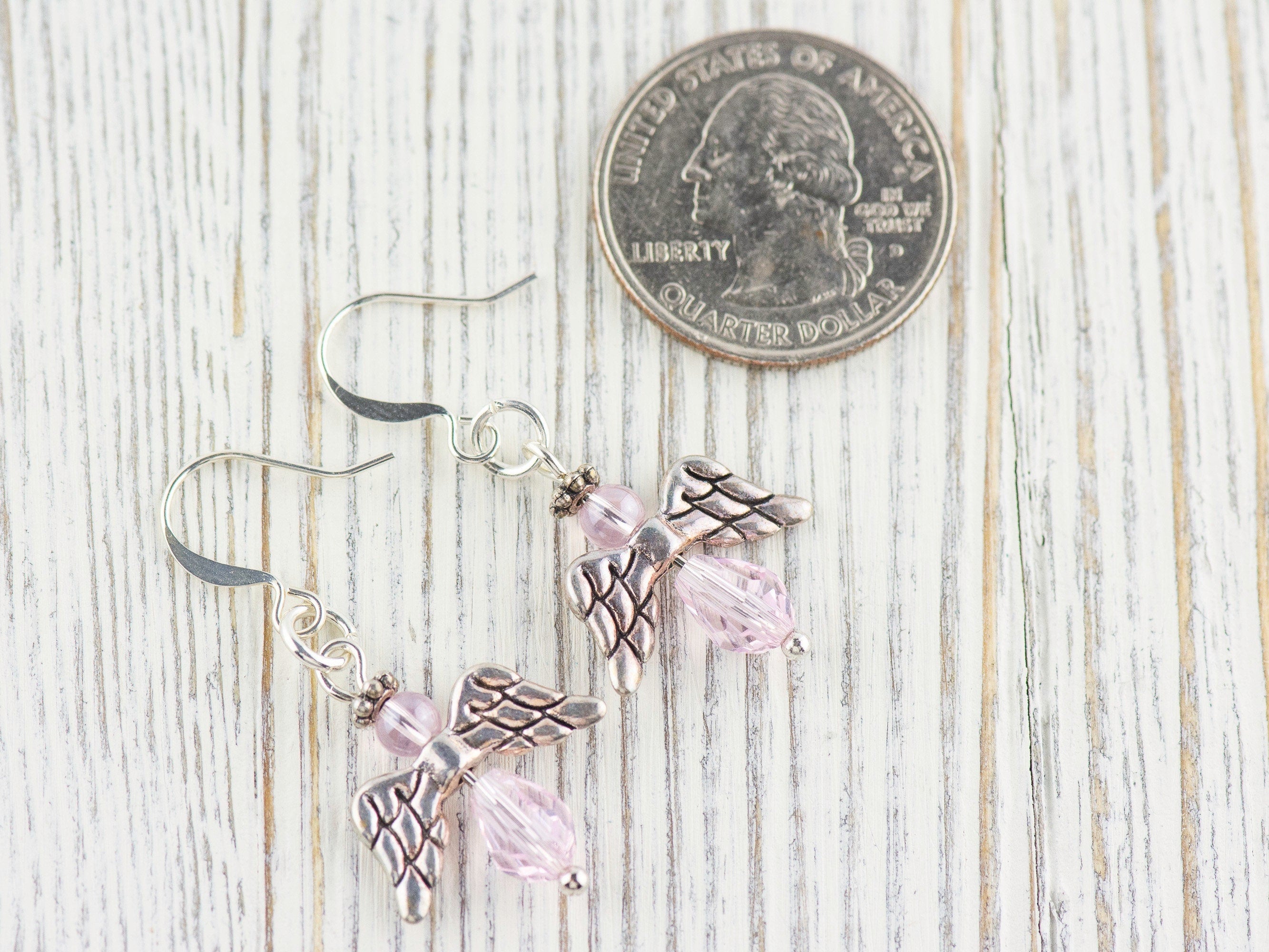 Pink Christmas Angel Earrings, Handmade Silver Plated Earrings, Angel Jewelry