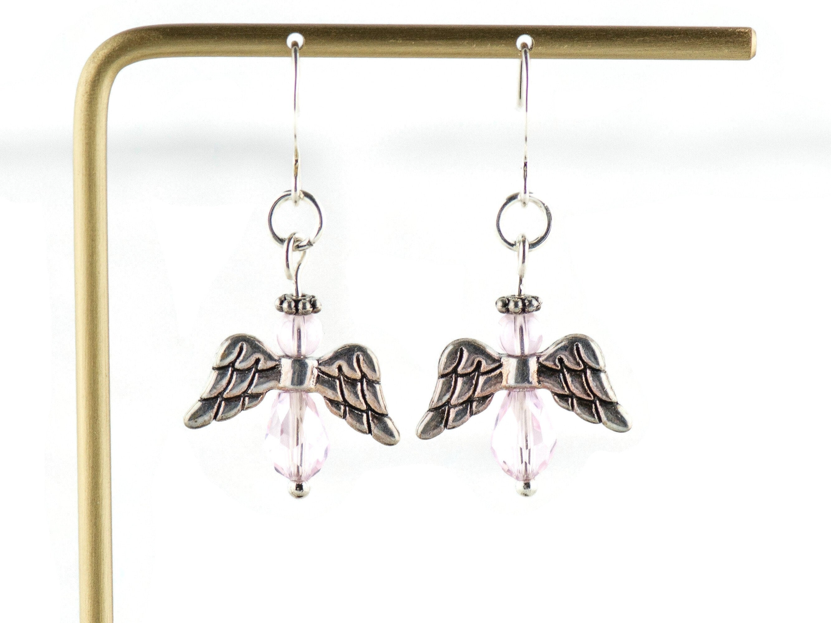Pink Christmas Angel Earrings, Handmade Silver Plated Earrings, Angel Jewelry