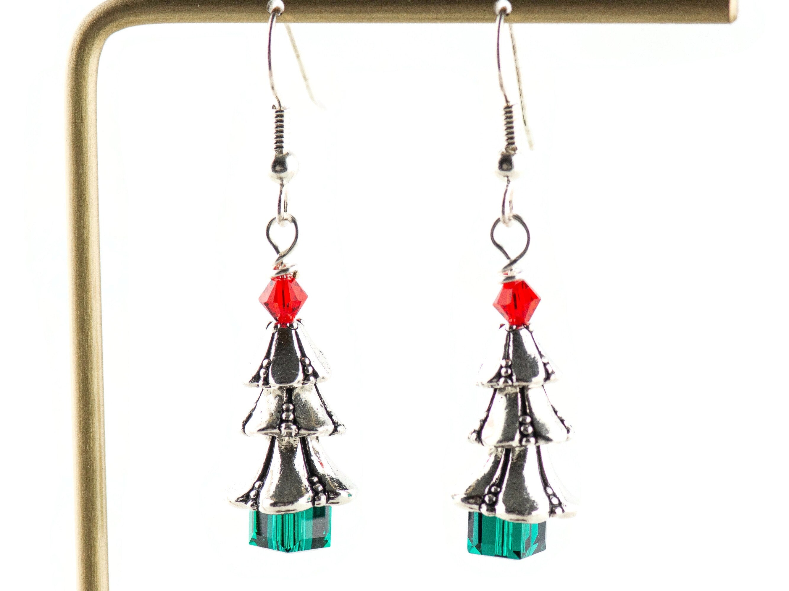 Christmas Tree Earrings, Handmade Earrings, Swarovski Crystal, Holiday Jewelry
