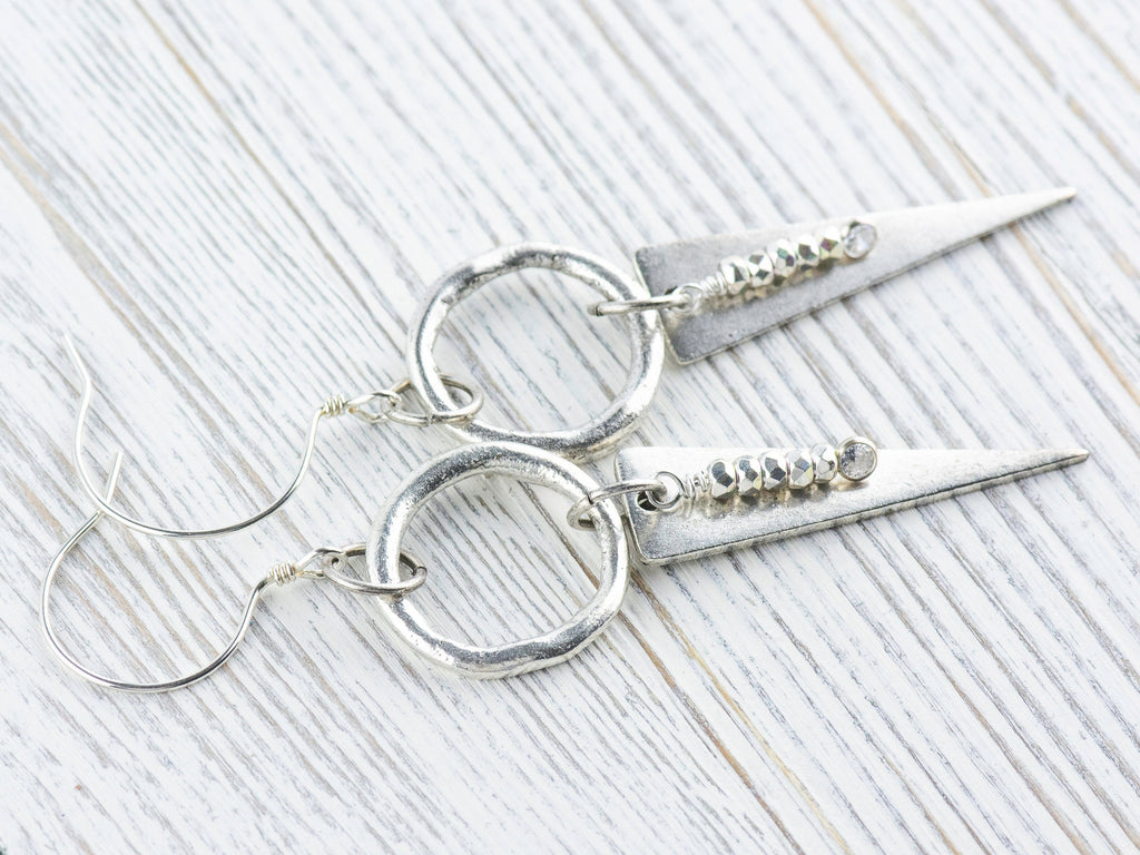 Silver Dangle Geometric Hoop Earrings • Handmade Jewelry • Dangly Triangles • Unique Statement Earrings • Jewelry Gift for Her