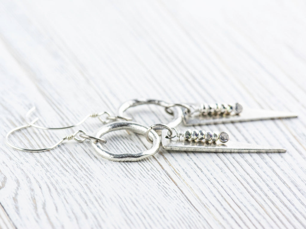 Silver Dangle Geometric Hoop Earrings • Handmade Jewelry • Dangly Triangles • Unique Statement Earrings • Jewelry Gift for Her