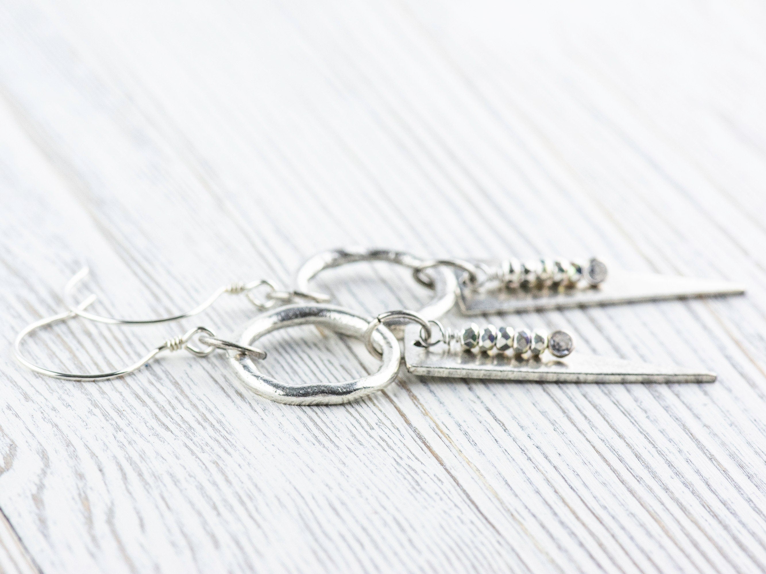 Silver Dangle Geometric Hoop Earrings • Handmade Jewelry • Dangly Triangles • Unique Statement Earrings • Jewelry Gift for Her