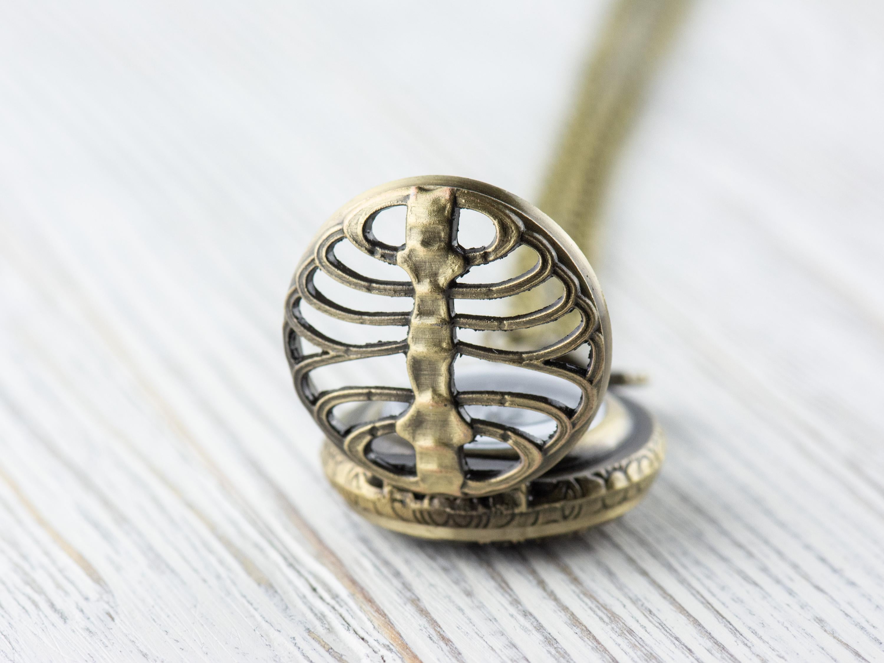 Skeleton Bronze Pocket Watch Long Necklace / Unique Watches / Halloween Necklace