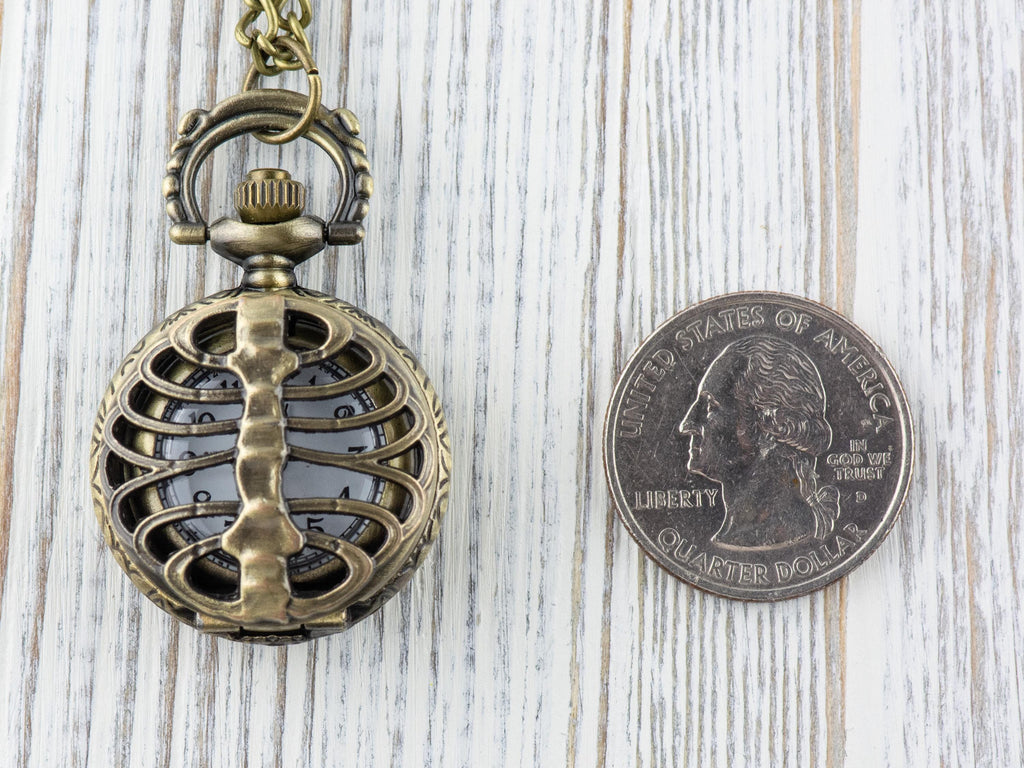 Skeleton Bronze Pocket Watch Long Necklace / Unique Watches / Halloween Necklace
