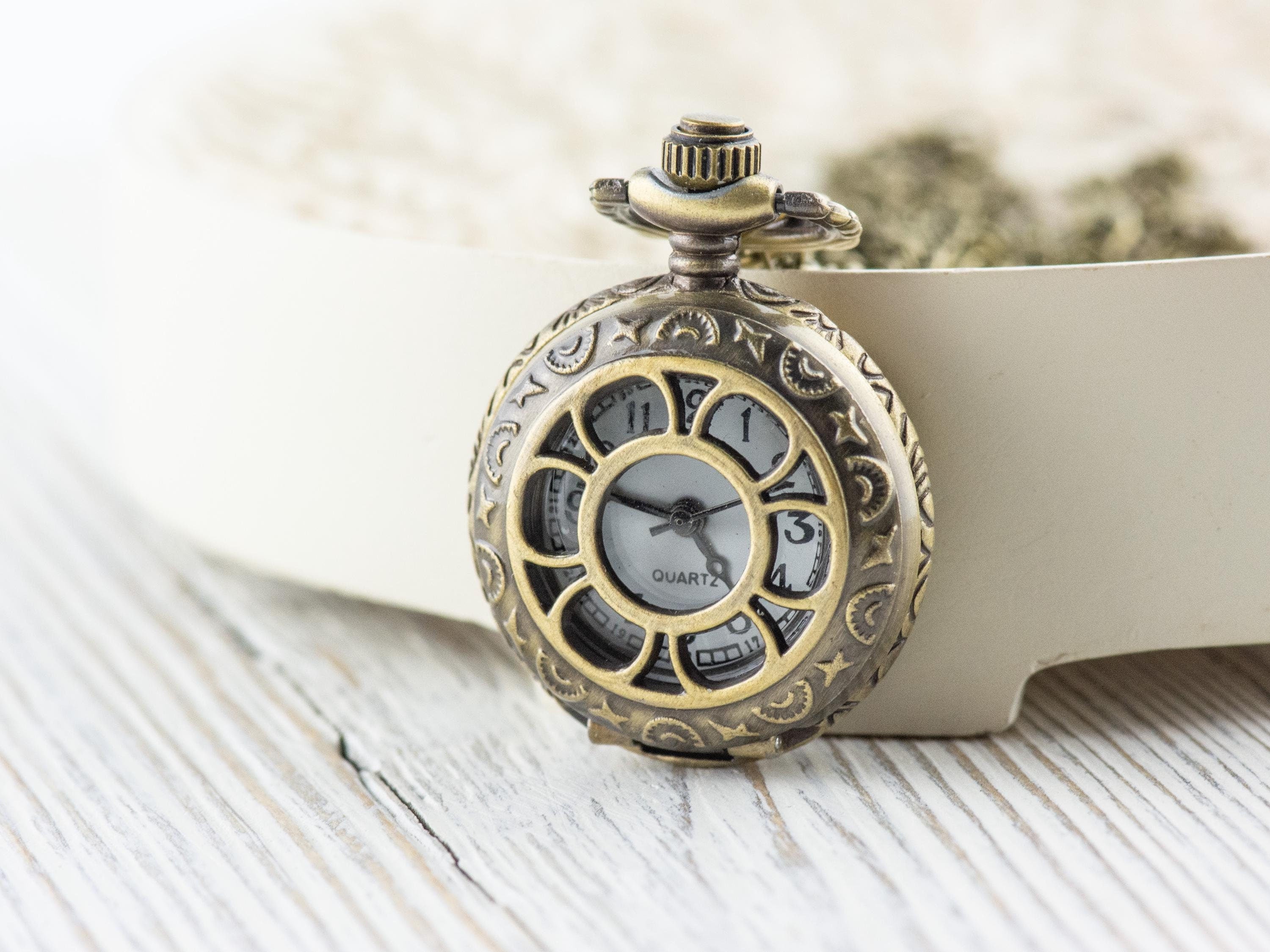 Sun & Moon Pocket Watch Necklace | Long Necklace Watch | Watch Locket Necklace | Pocket Watch Pendant | Ladies Pocket Watch