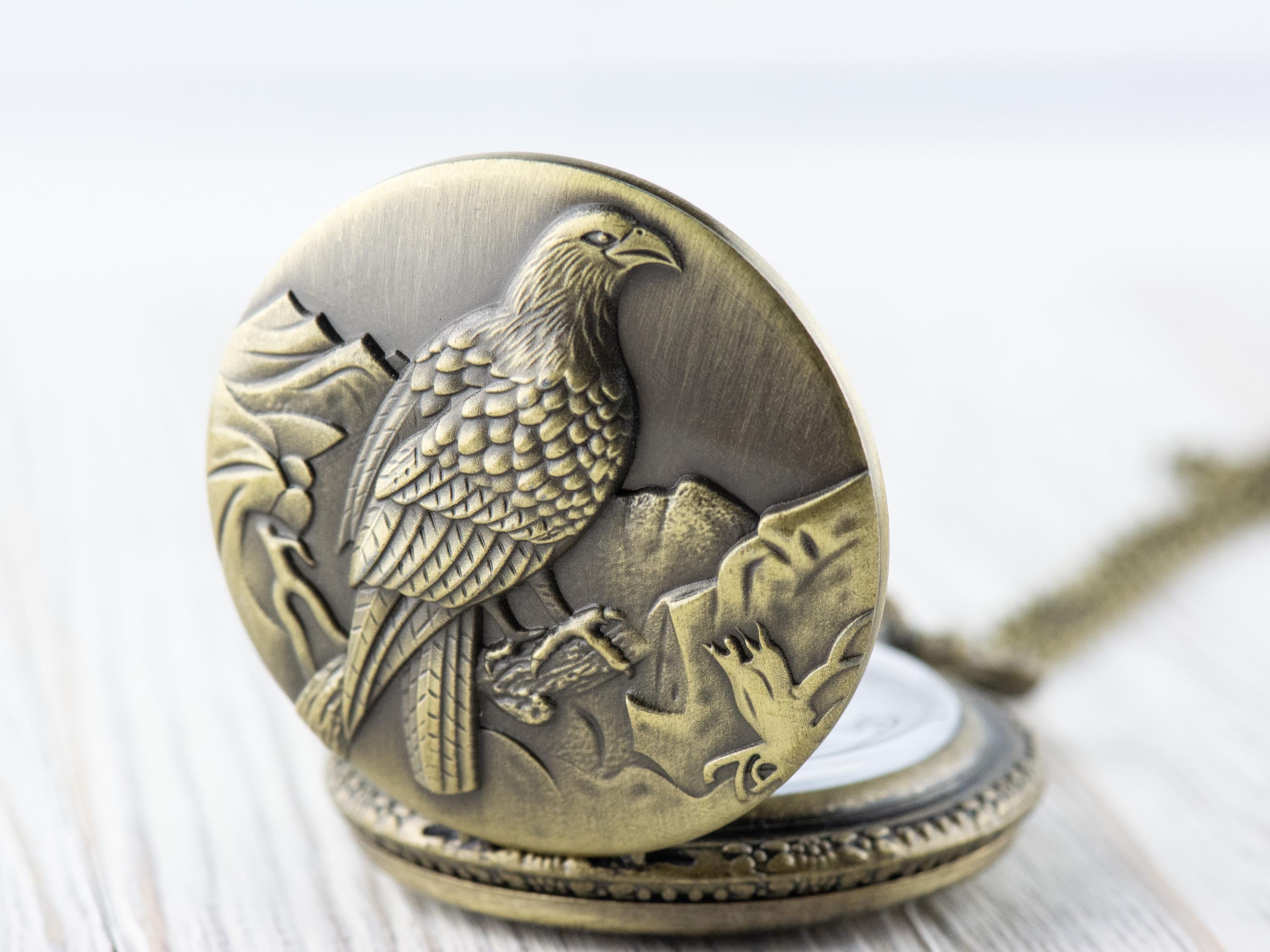 Eagle Bronze Pocket Watch Long Necklace / Unique Watches / Nature Inspired Jewelry / Large Pocket Watch
