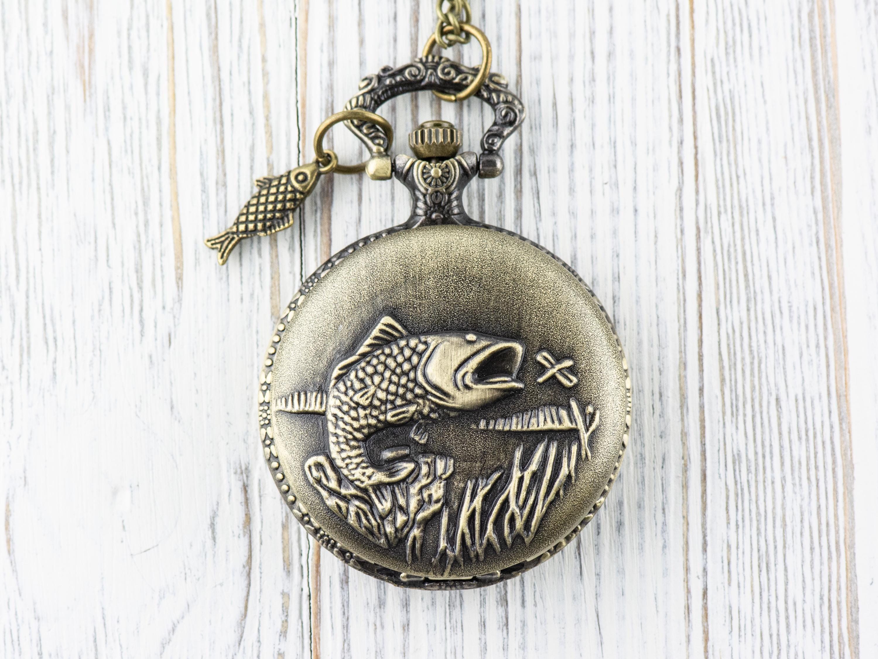 Large Mouth Bass Bronze Pocket Watch Long Necklace / Unique Watches / Nature Inspired Jewelry / Large Pocket Watch
