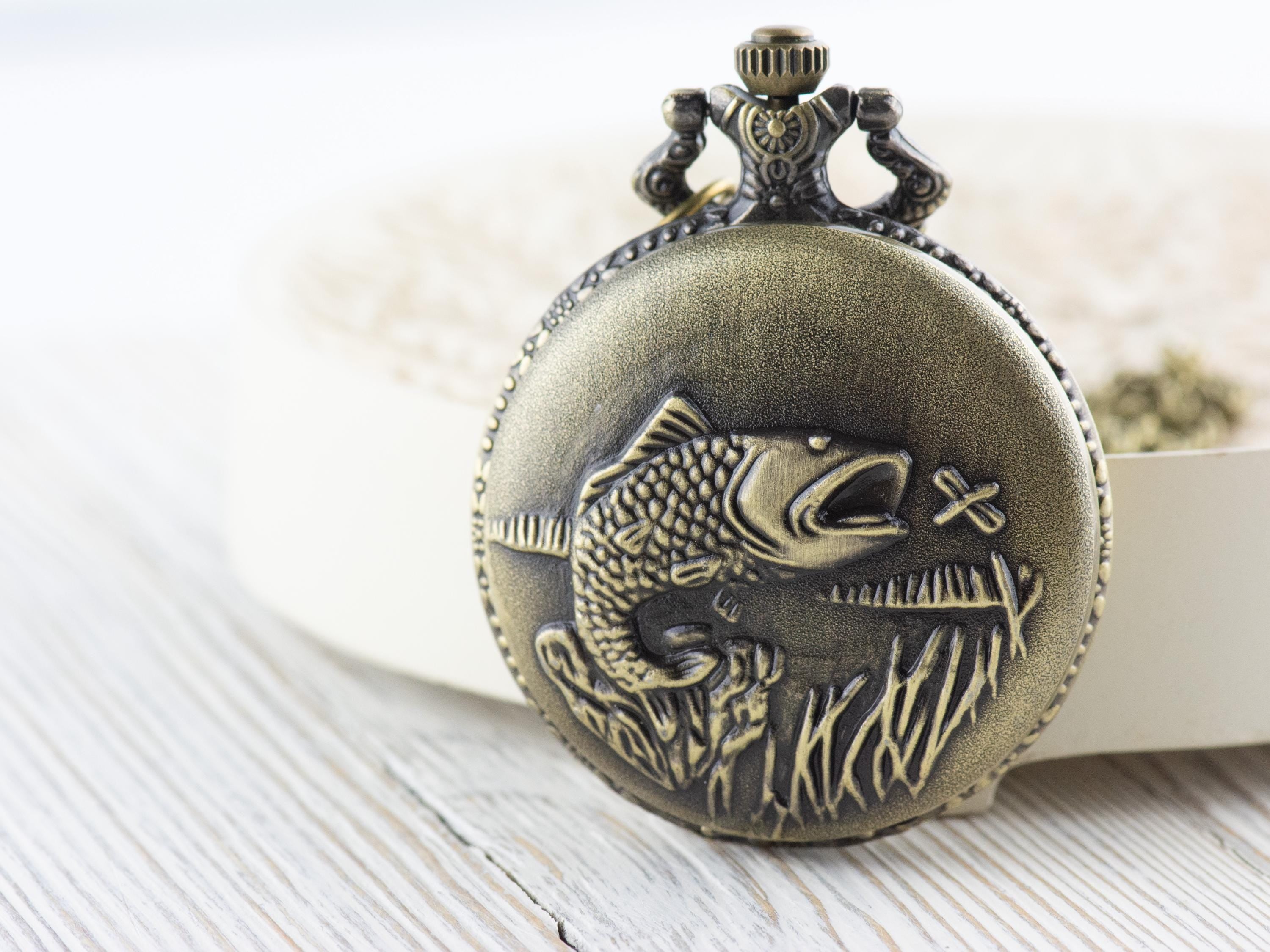 Large Mouth Bass Bronze Pocket Watch Long Necklace / Unique Watches / Nature Inspired Jewelry / Large Pocket Watch