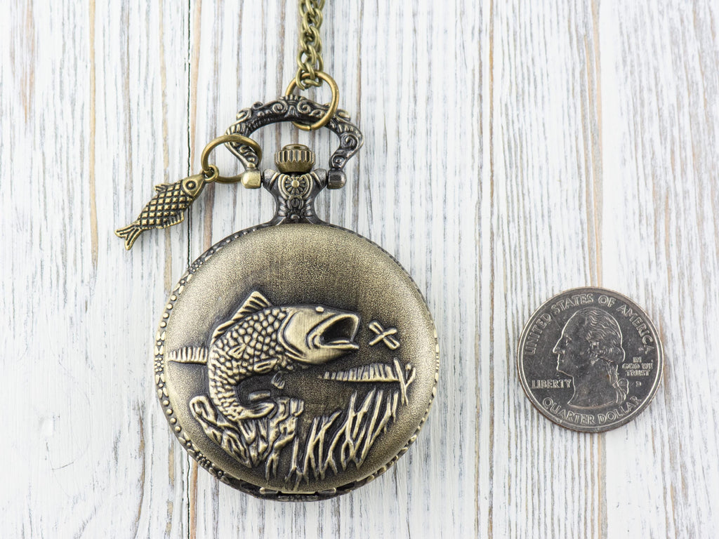 Large Mouth Bass Bronze Pocket Watch Long Necklace / Unique Watches / Nature Inspired Jewelry / Large Pocket Watch