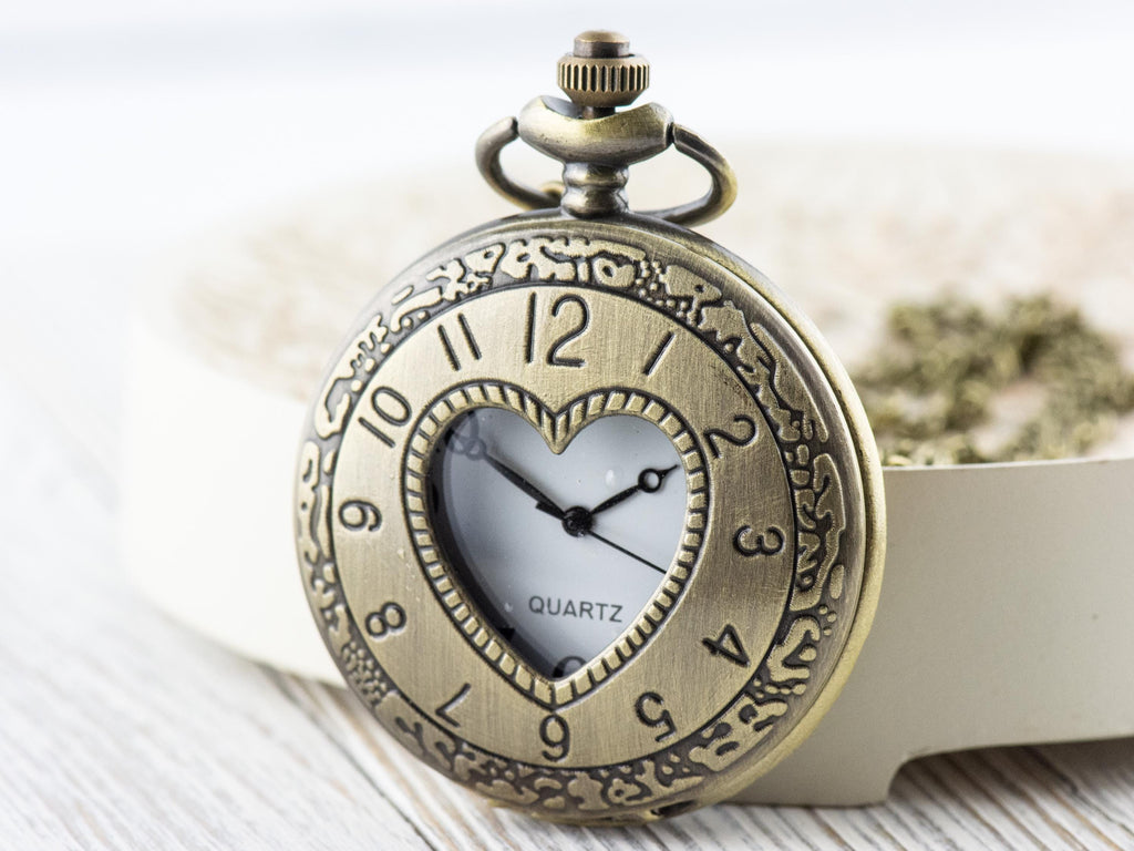 Heart Bronze Pocket Watch Long Necklace / Unique Watches / Nature Inspired Jewelry / Large Pocket Watch