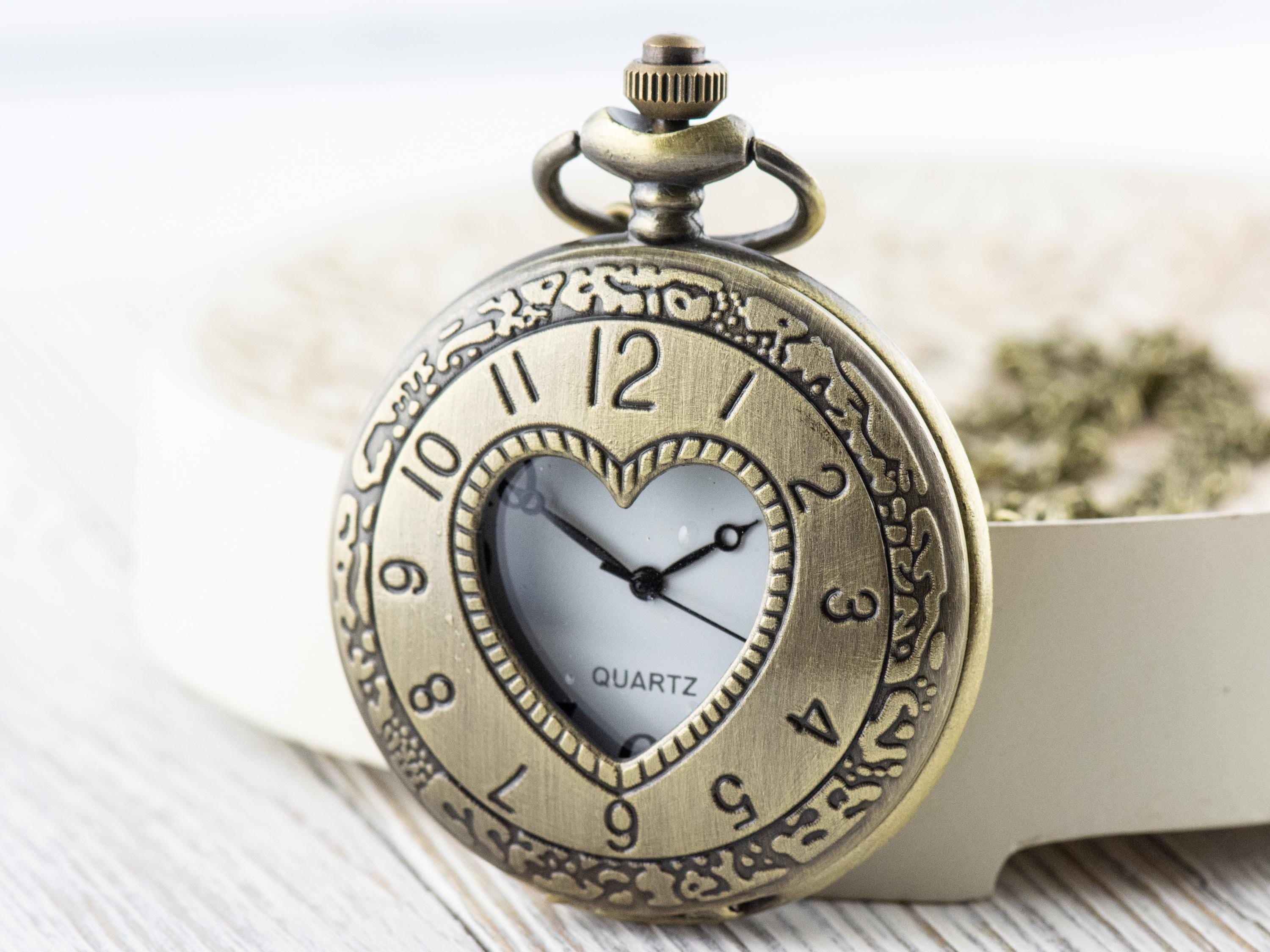 Heart Bronze Pocket Watch Long Necklace / Unique Watches / Nature Inspired Jewelry / Large Pocket Watch