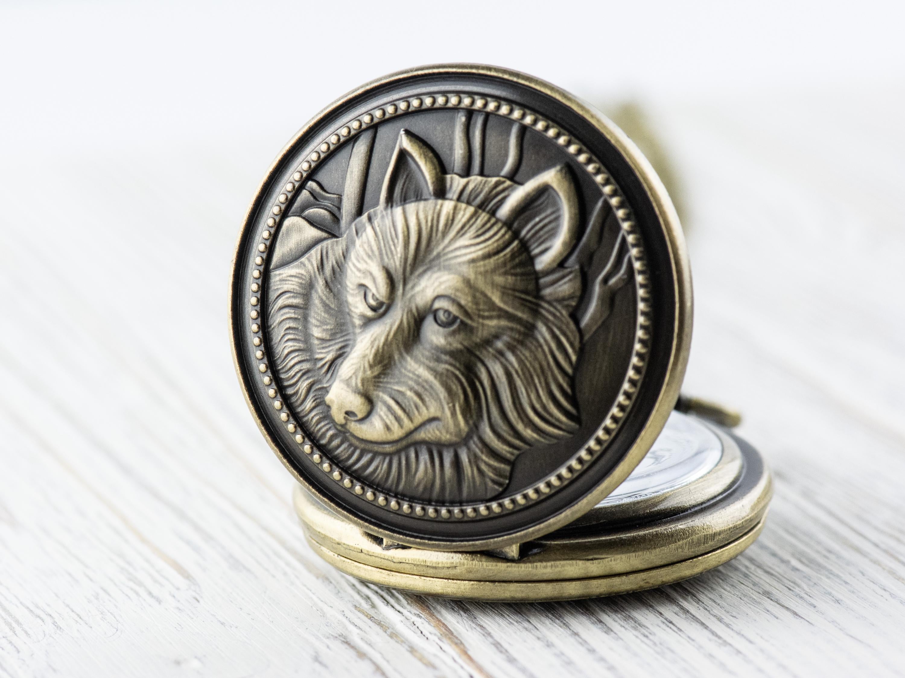 Wolf Bronze Pocket Watch Long Necklace / Unique Watches / Nature Inspired Jewelry / Large Pocket Watch