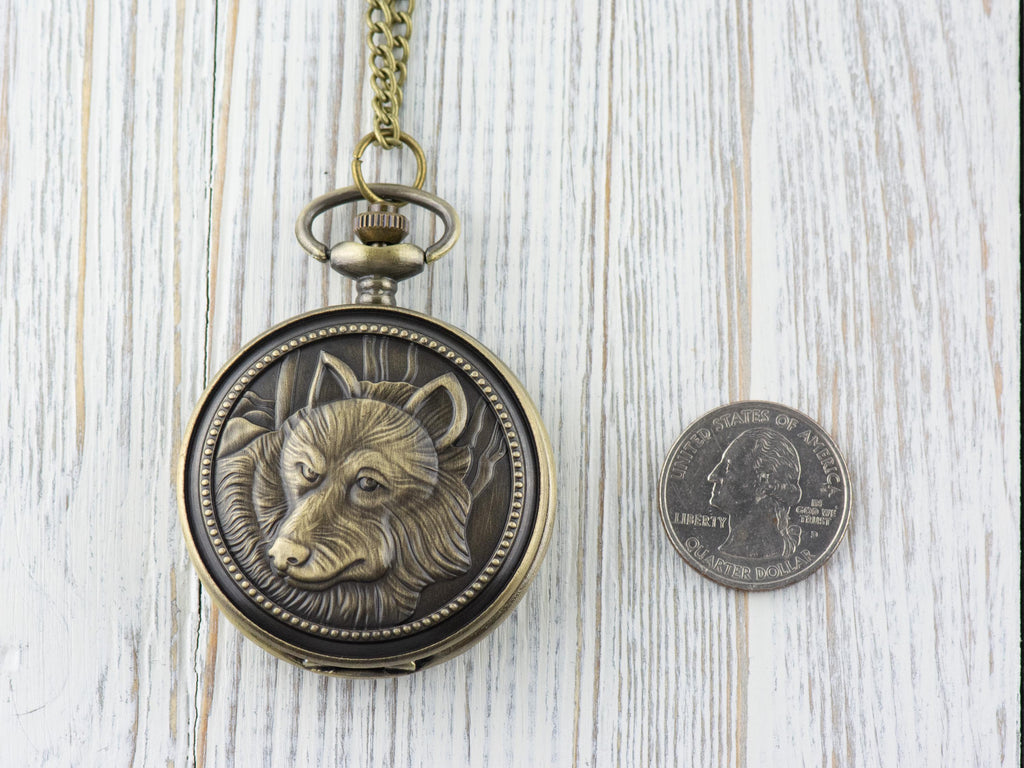 Wolf Bronze Pocket Watch Long Necklace / Unique Watches / Nature Inspired Jewelry / Large Pocket Watch