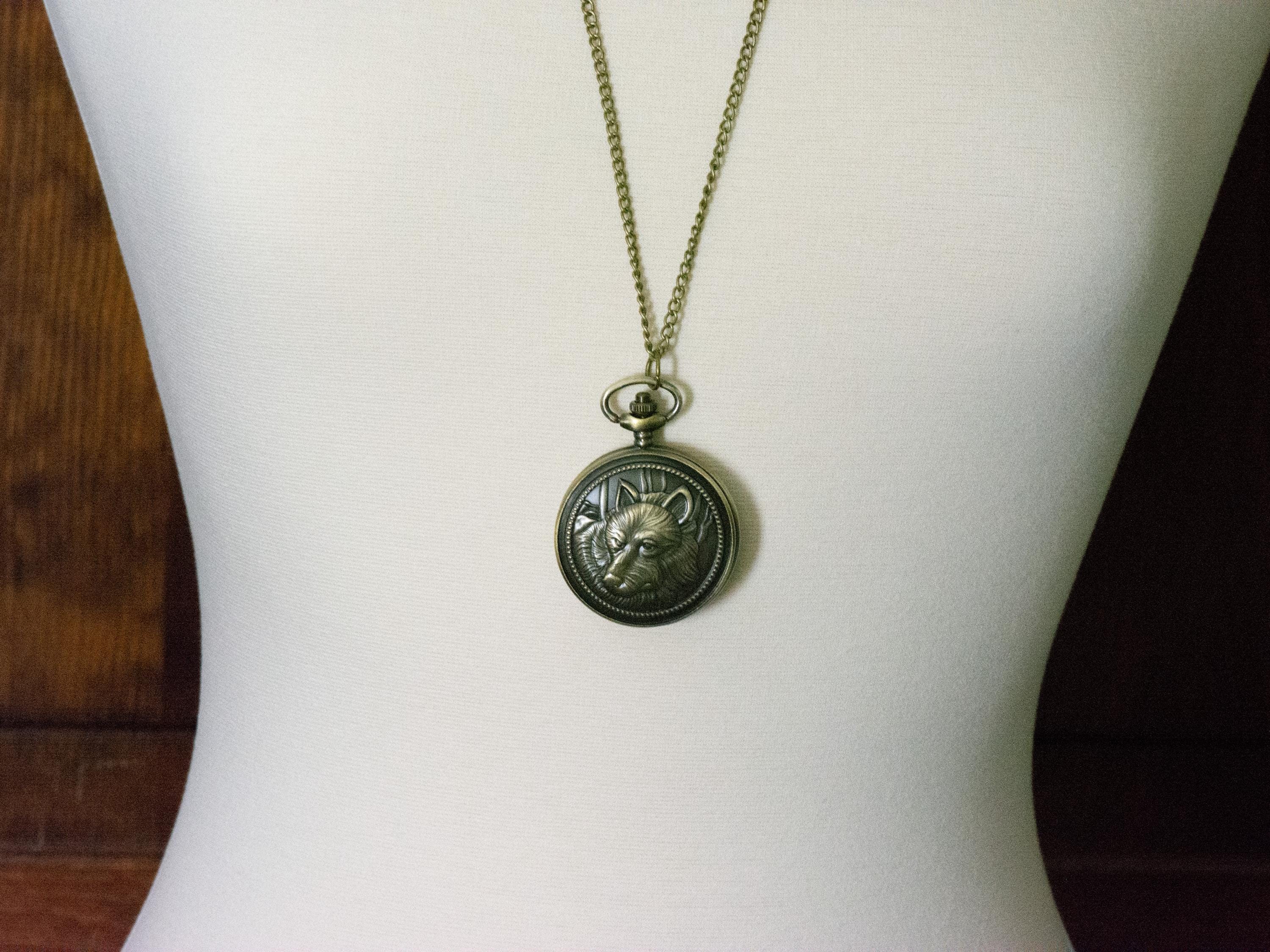 Wolf Bronze Pocket Watch Long Necklace / Unique Watches / Nature Inspired Jewelry / Large Pocket Watch