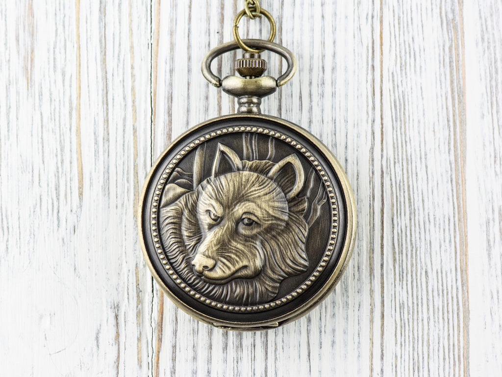 Wolf Bronze Pocket Watch Long Necklace / Unique Watches / Nature Inspired Jewelry / Large Pocket Watch