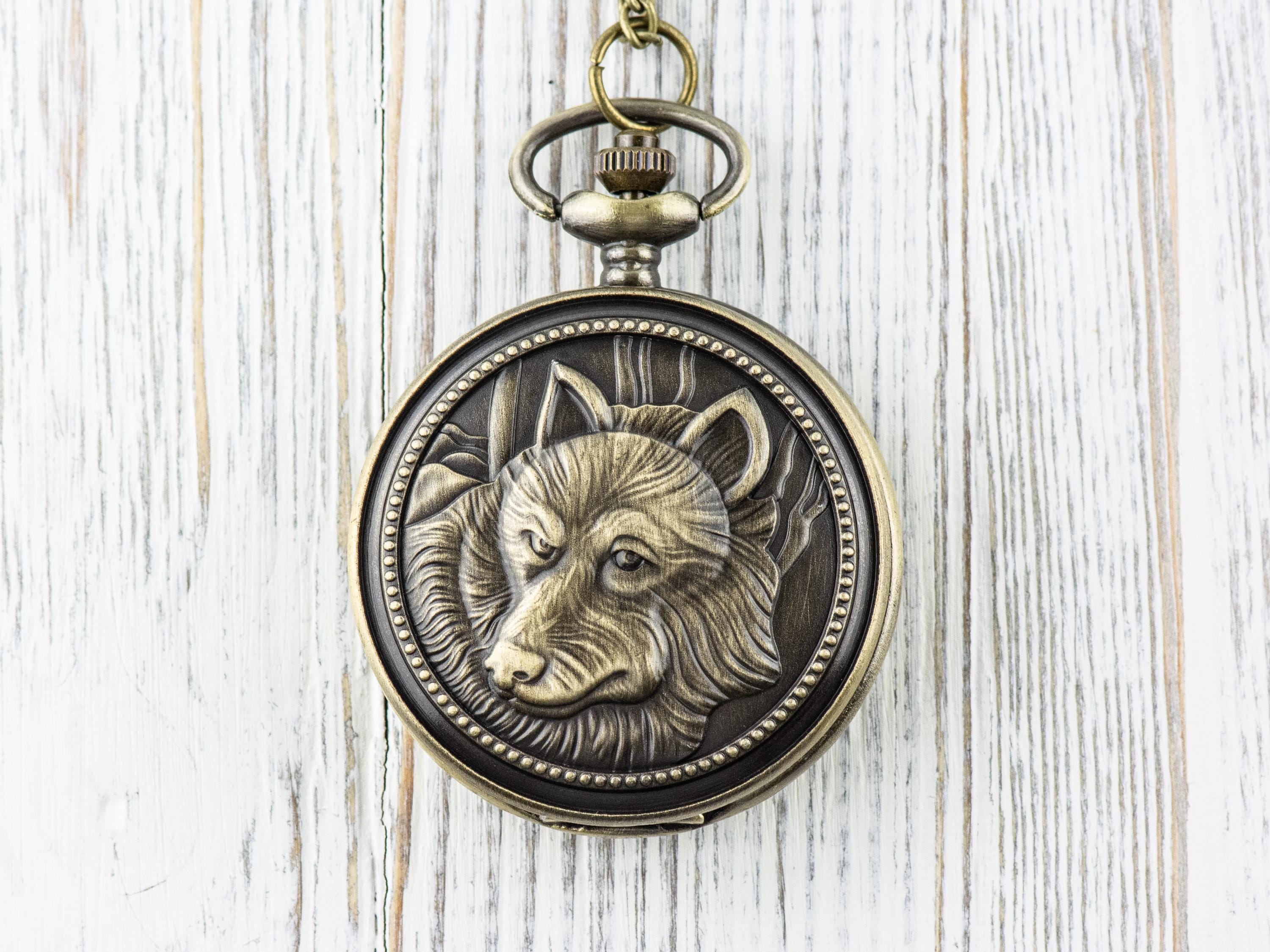 Wolf Bronze Pocket Watch Long Necklace / Unique Watches / Nature Inspired Jewelry / Large Pocket Watch