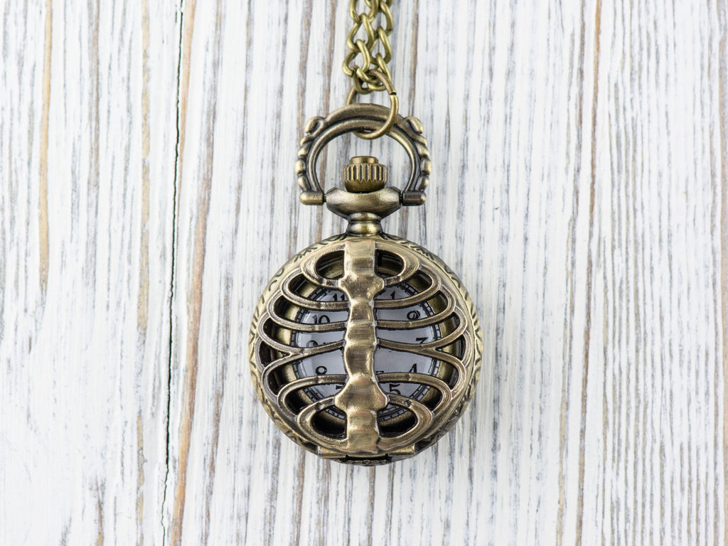 Skeleton Bronze Pocket Watch Long Necklace / Unique Watches / Halloween Necklace