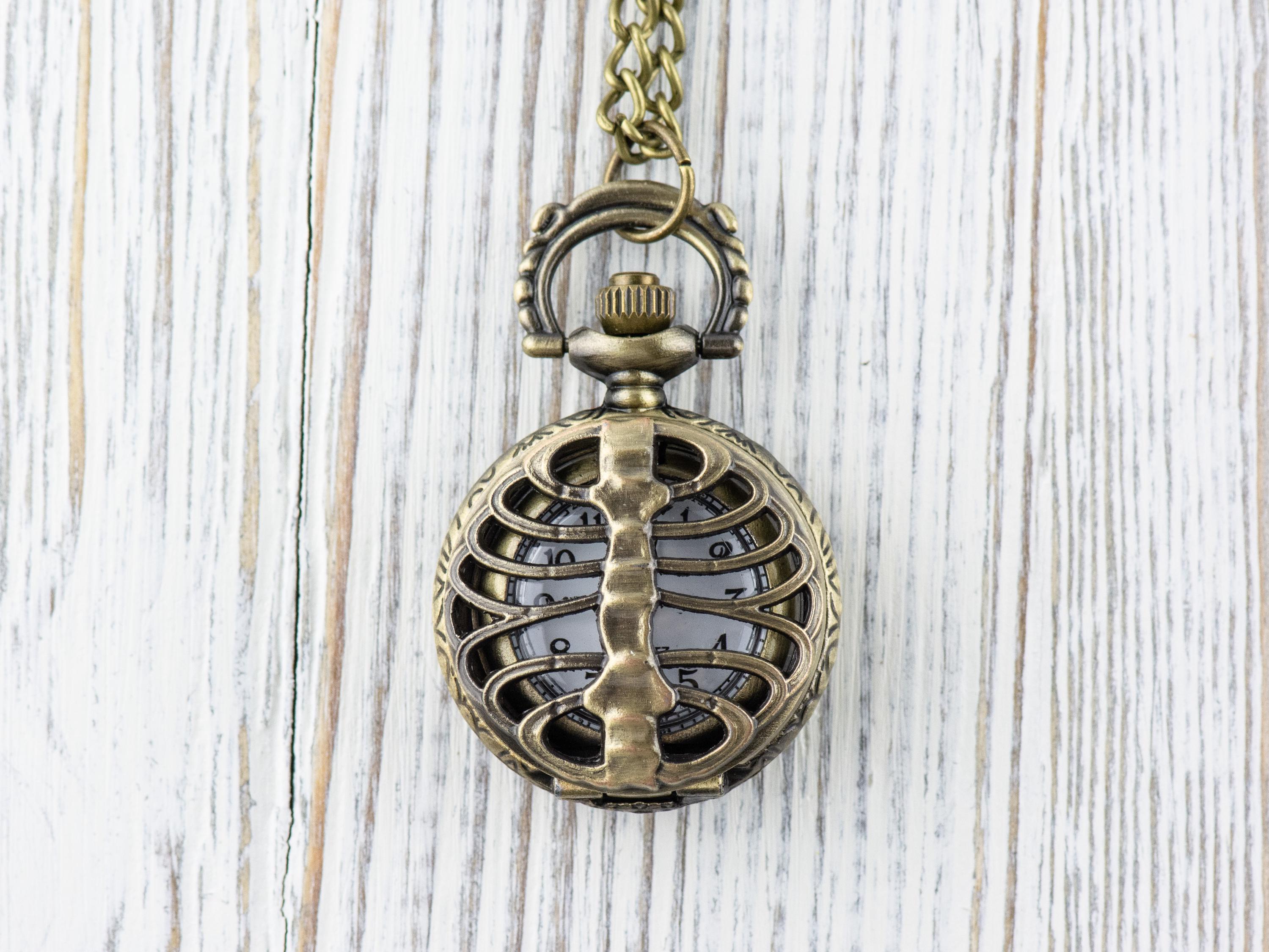 Skeleton Bronze Pocket Watch Long Necklace / Unique Watches / Halloween Necklace