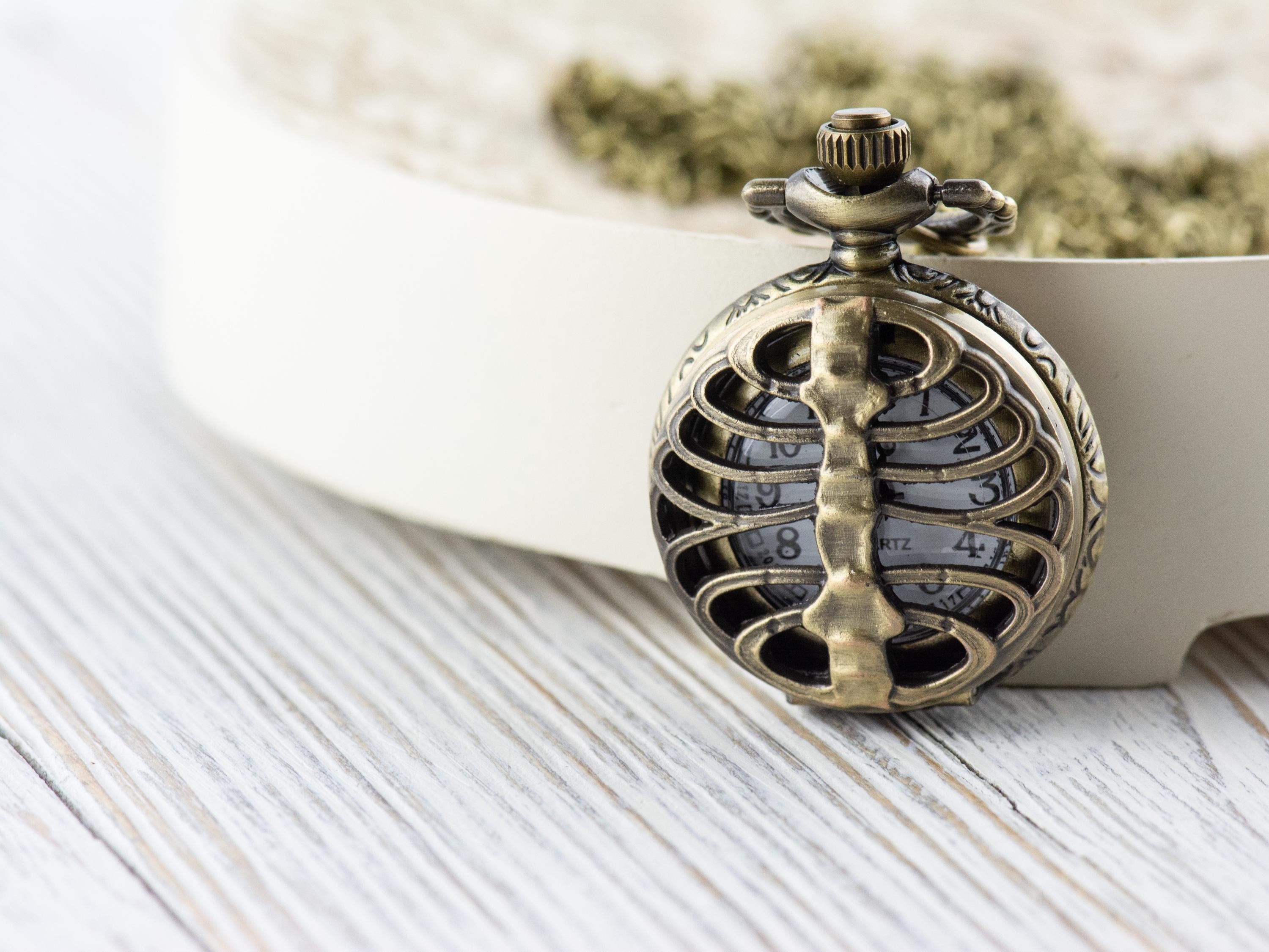 Skeleton Bronze Pocket Watch Long Necklace / Unique Watches / Halloween Necklace