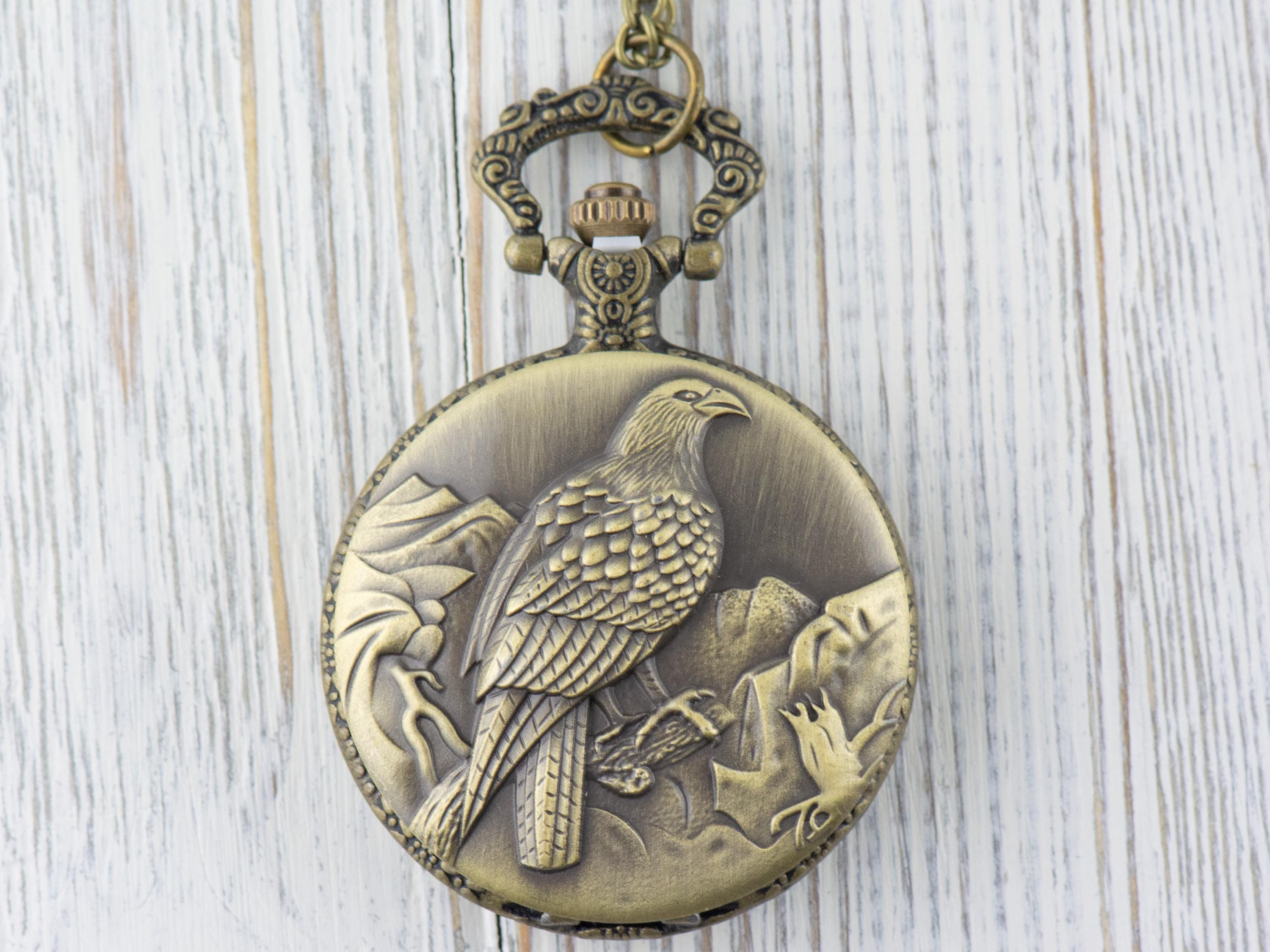 Eagle Bronze Pocket Watch Long Necklace / Unique Watches / Nature Inspired Jewelry / Large Pocket Watch