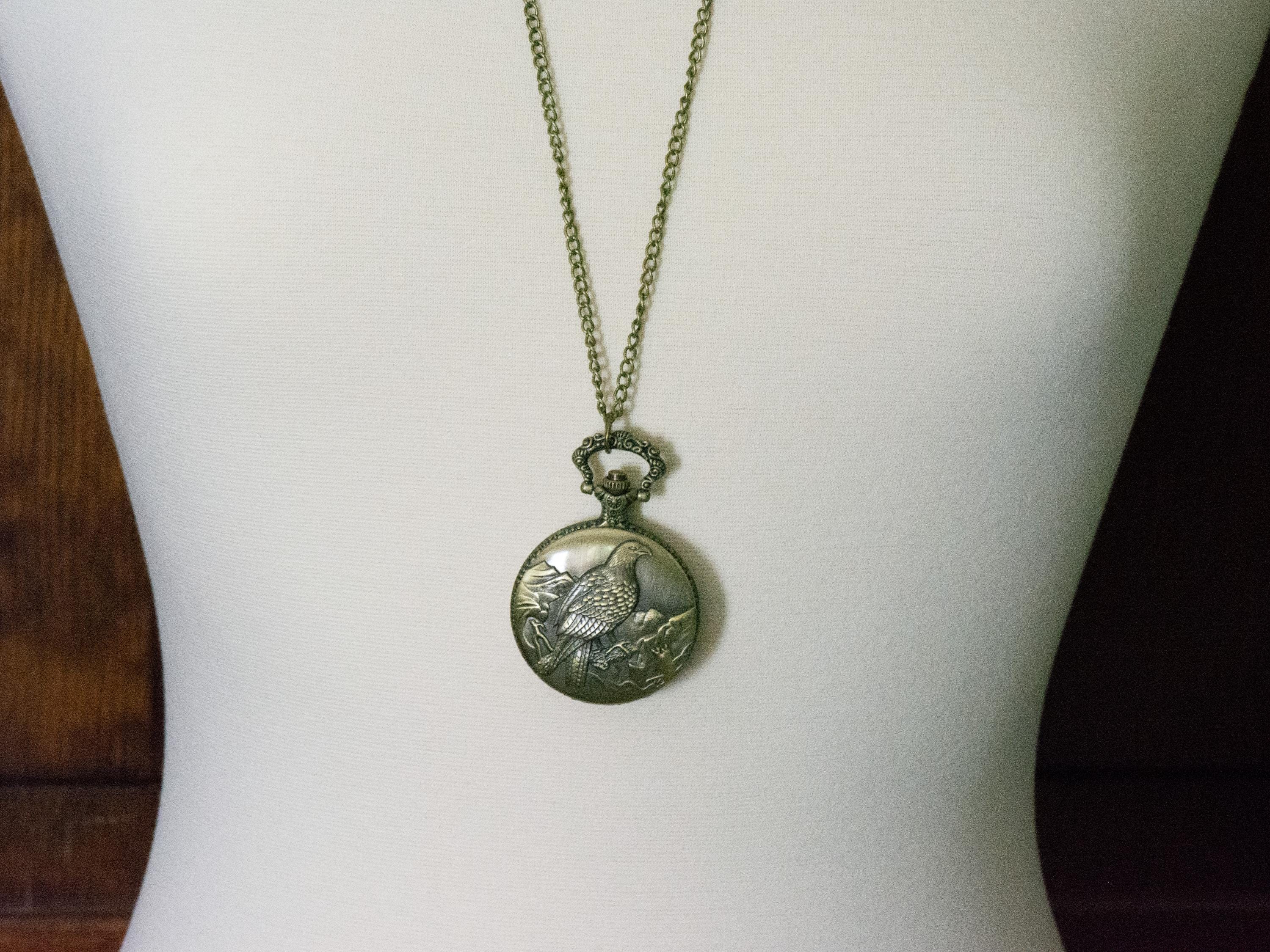 Eagle Bronze Pocket Watch Long Necklace / Unique Watches / Nature Inspired Jewelry / Large Pocket Watch