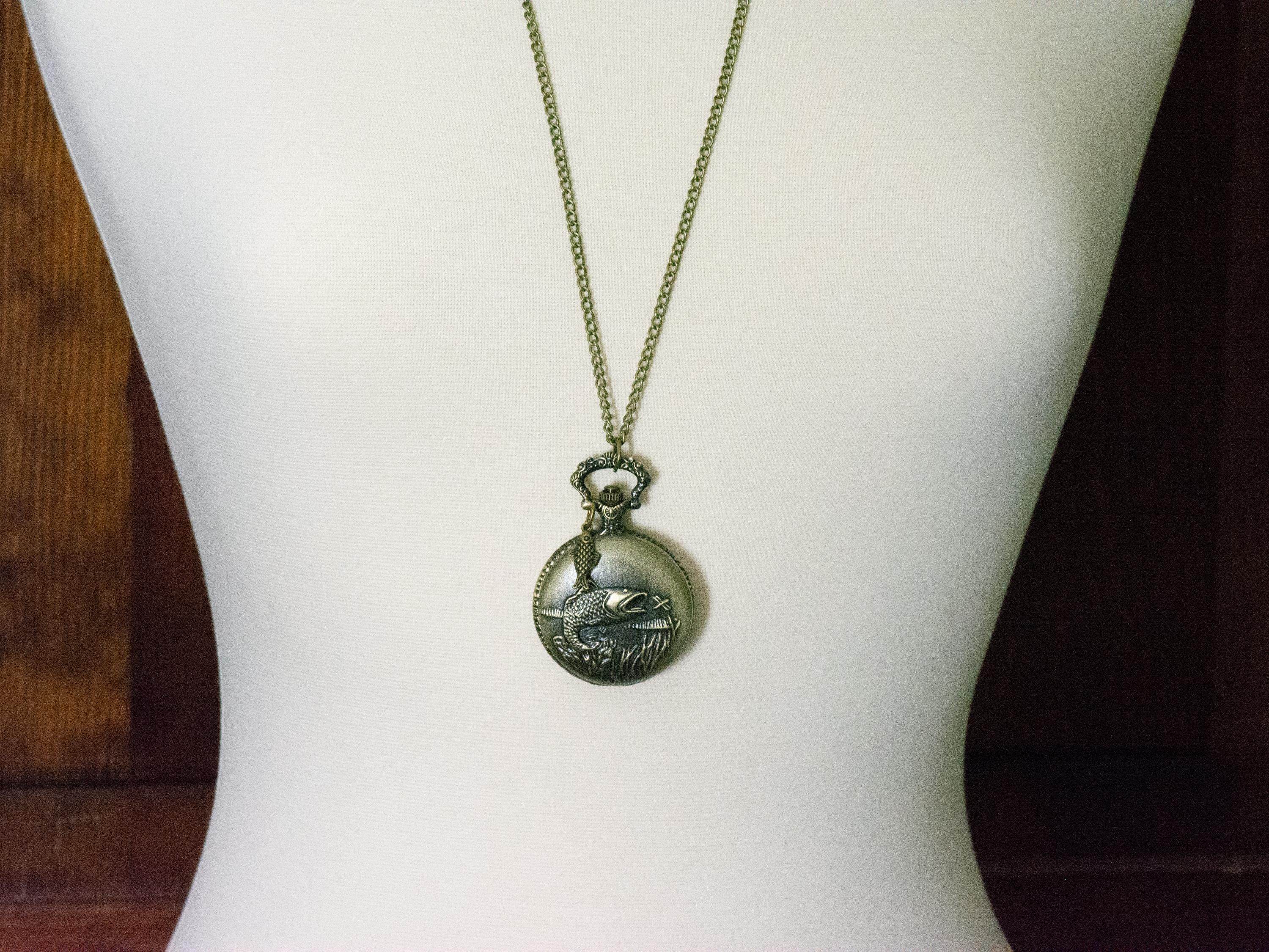 Large Mouth Bass Bronze Pocket Watch Long Necklace / Unique Watches / Nature Inspired Jewelry / Large Pocket Watch