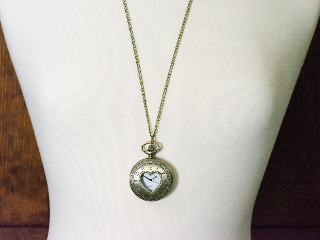 Heart Bronze Pocket Watch Long Necklace / Unique Watches / Nature Inspired Jewelry / Large Pocket Watch