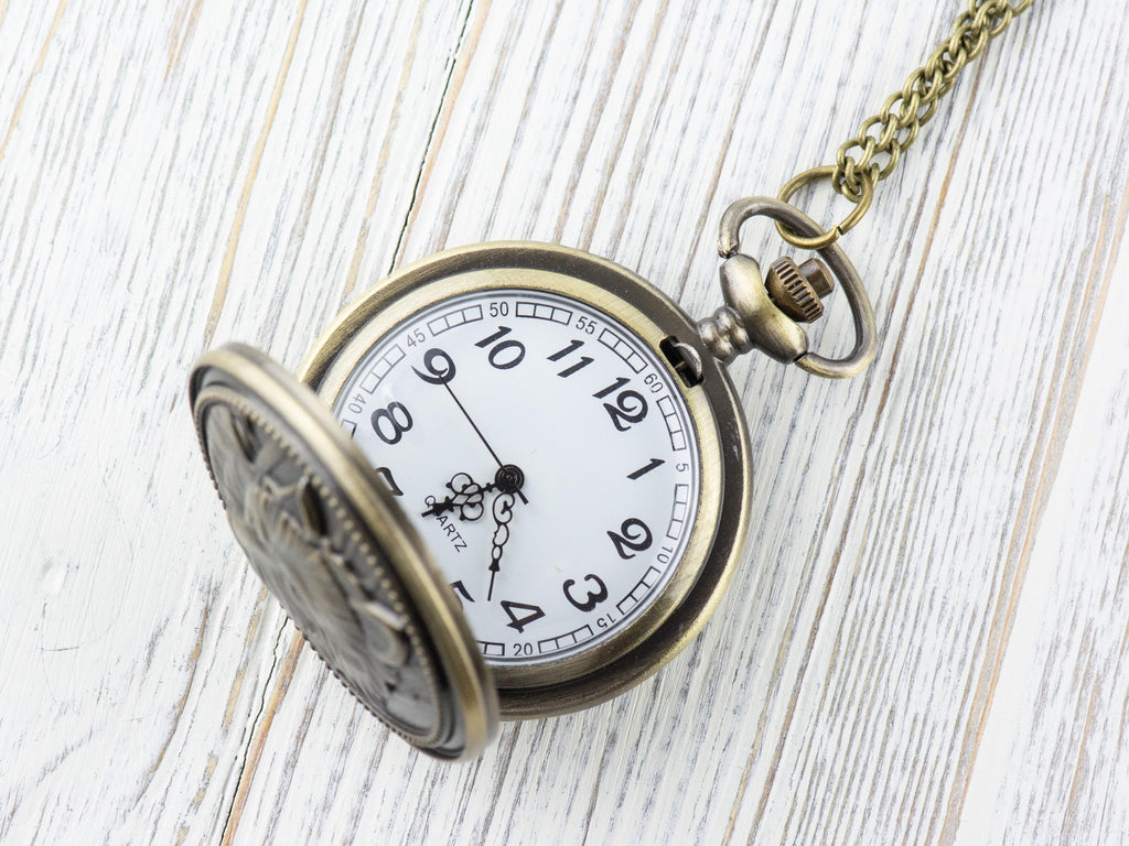 Wolf Bronze Pocket Watch Long Necklace / Unique Watches / Nature Inspired Jewelry / Large Pocket Watch
