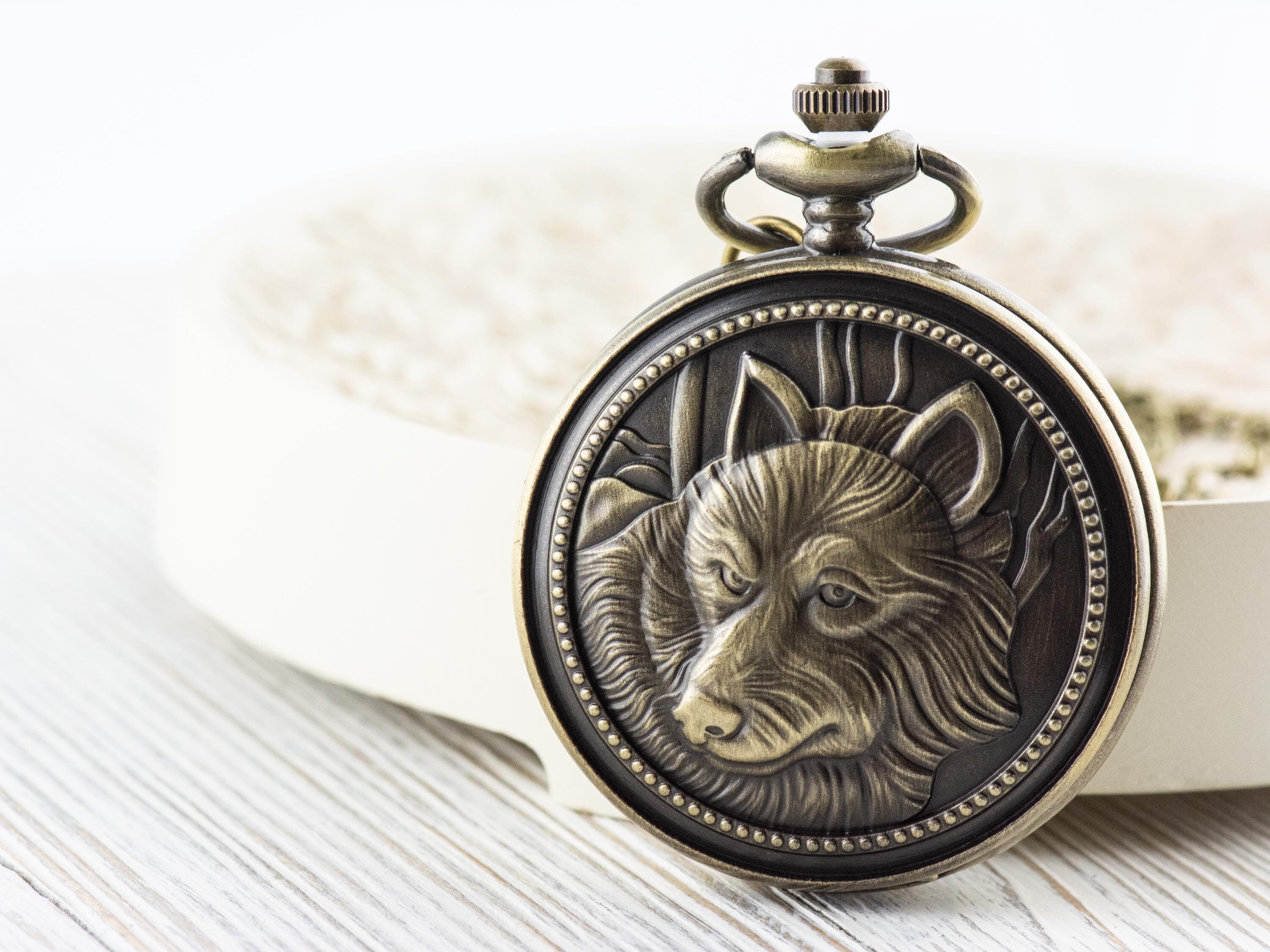 Wolf Bronze Pocket Watch Long Necklace / Unique Watches / Nature Inspired Jewelry / Large Pocket Watch