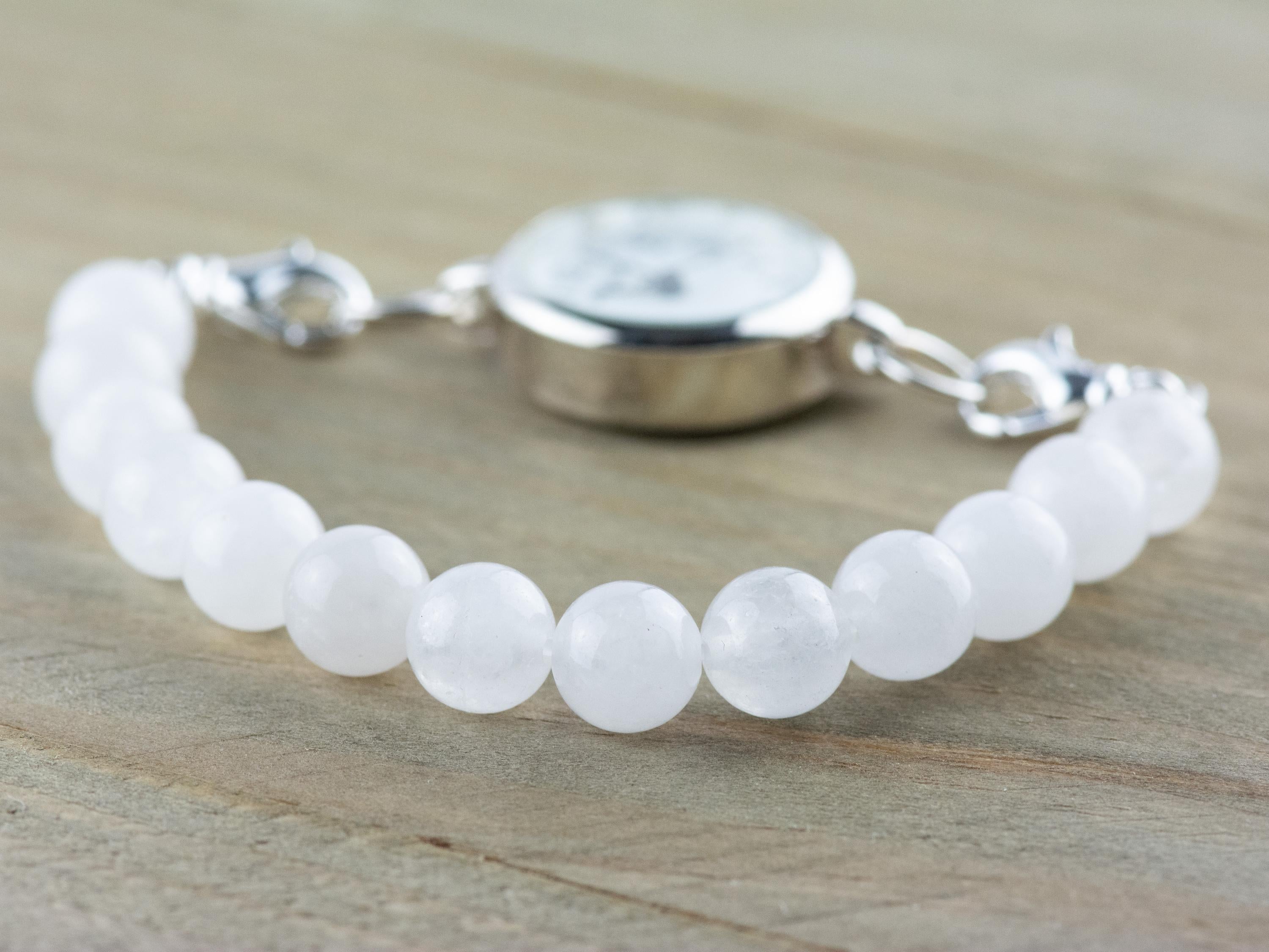Snow Quartz Stretch Beaded Watch Band, Medical Alert Bracelet, Single Strand, Interchangeable, Handmade Jewelry