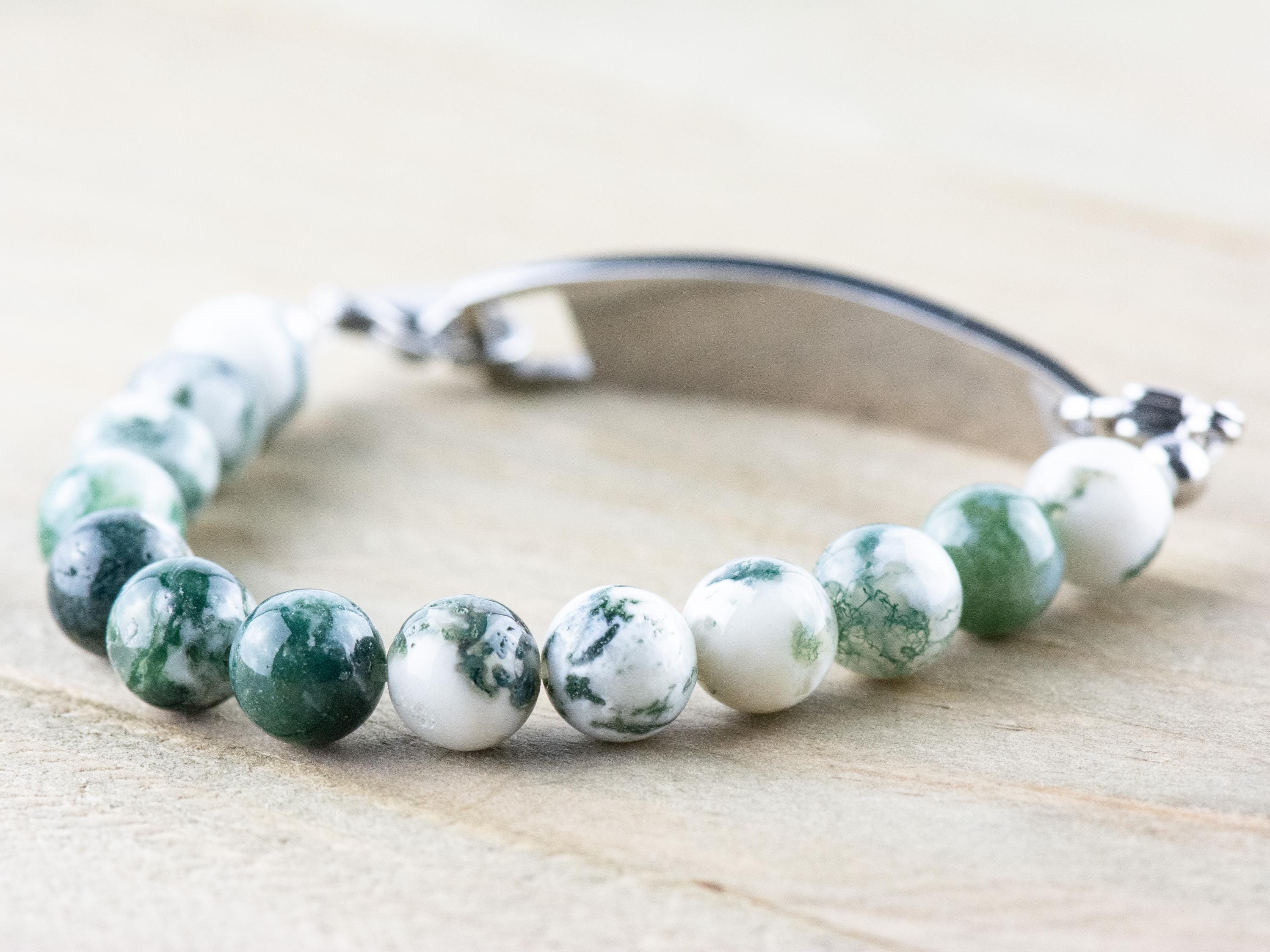 Tree Agate Stretch Beaded Watch Band, Medical Alert Bracelet, Single Strand, Interchangeable, Handmade Jewelry