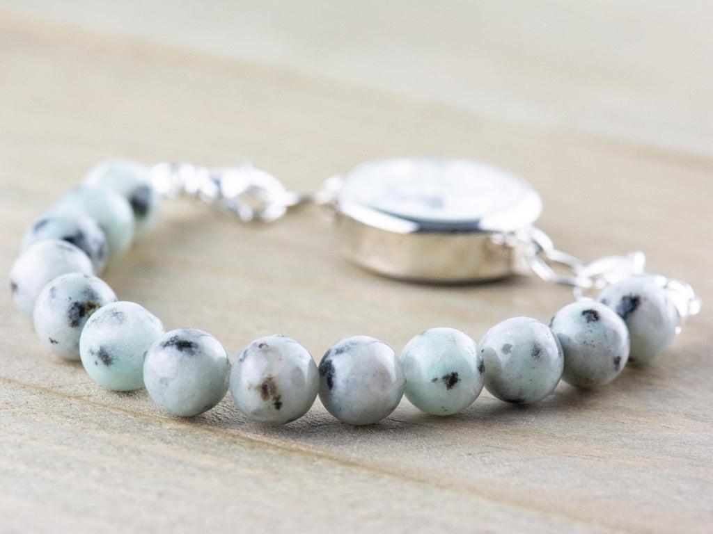 Kiwi Sesame Jasper Stretch Beaded Watch Band, Medical Alert Bracelet, Single Strand, Interchangeable, Handmade Jewelry