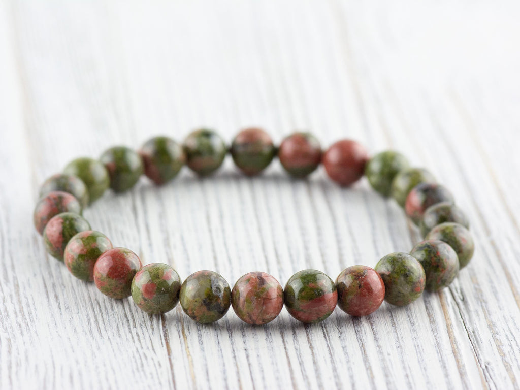 Unakite Smooth Round Beaded Stretch Bracelet, Simple Unisex Semi-Precious Stone Jewelry, Handmade Natural Gemstone Fashion Accessories