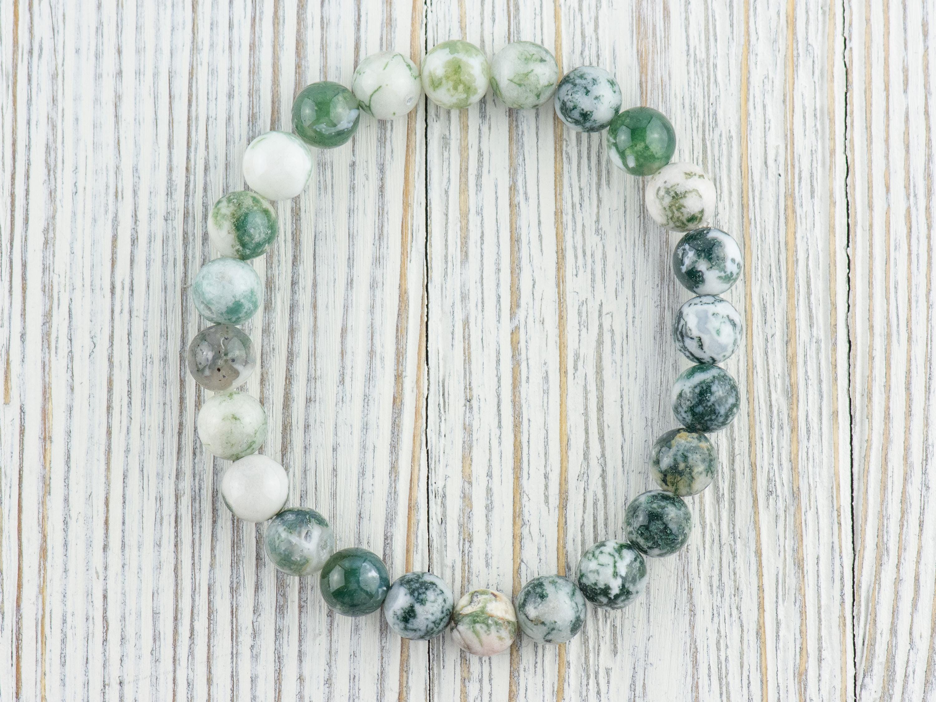 Tree Agate Smooth Round Beaded Stretch Bracelet, Simple Unisex Semi-Precious Stone Jewelry, Handmade Natural Gemstone Fashion Accessories