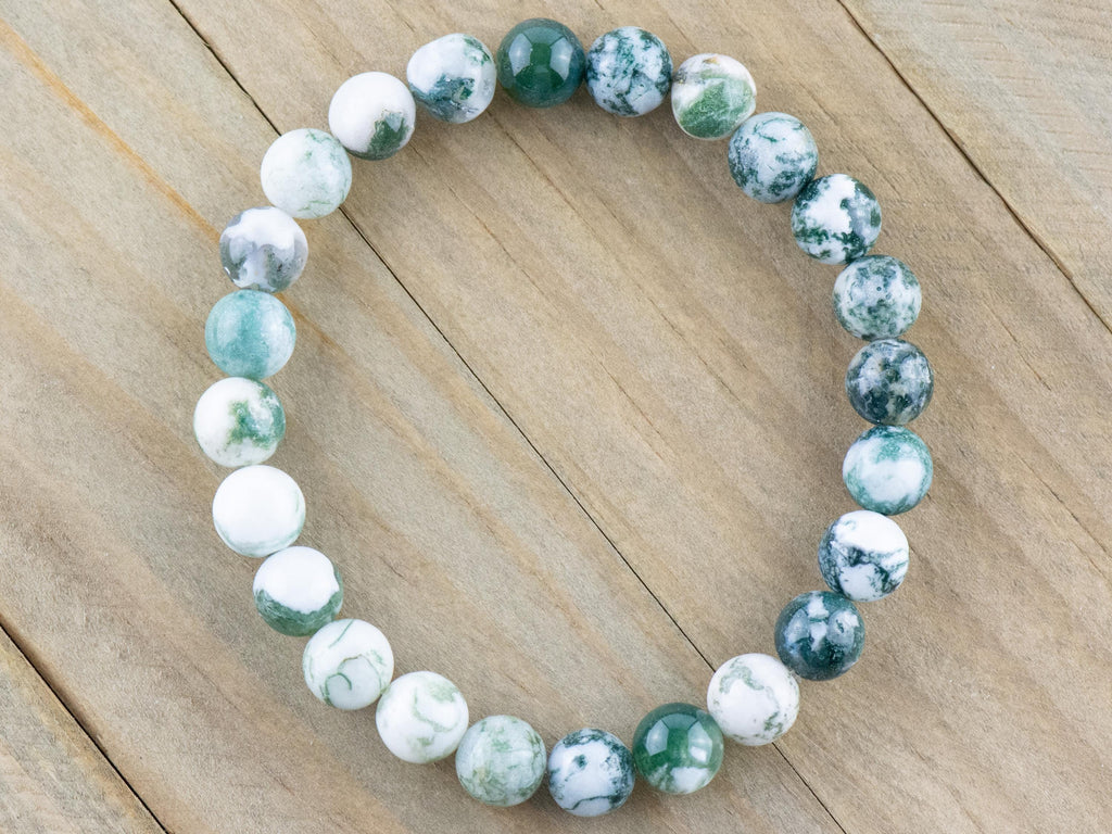 Tree Agate Smooth Round Beaded Stretch Bracelet, Simple Unisex Semi-Precious Stone Jewelry, Handmade Natural Gemstone Fashion Accessories