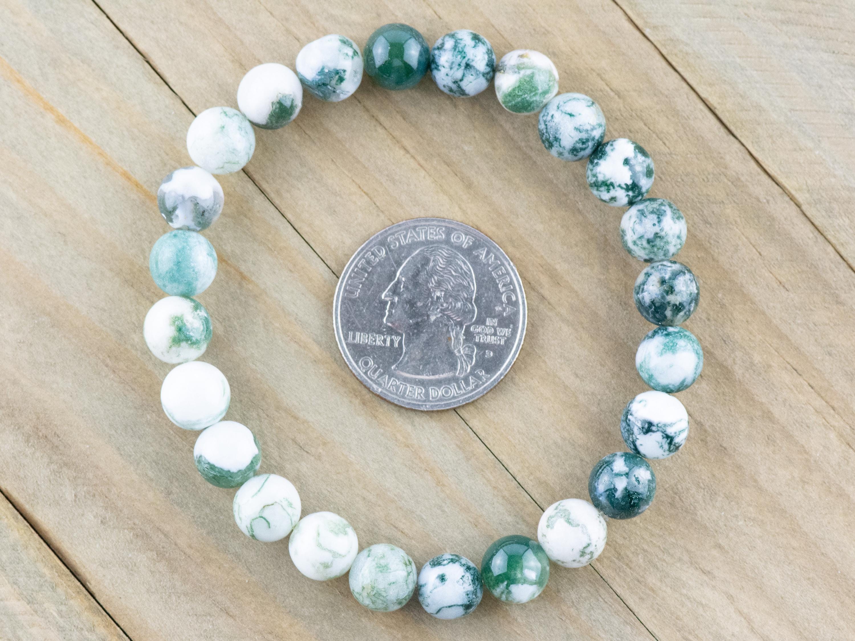 Tree Agate Smooth Round Beaded Stretch Bracelet, Simple Unisex Semi-Precious Stone Jewelry, Handmade Natural Gemstone Fashion Accessories