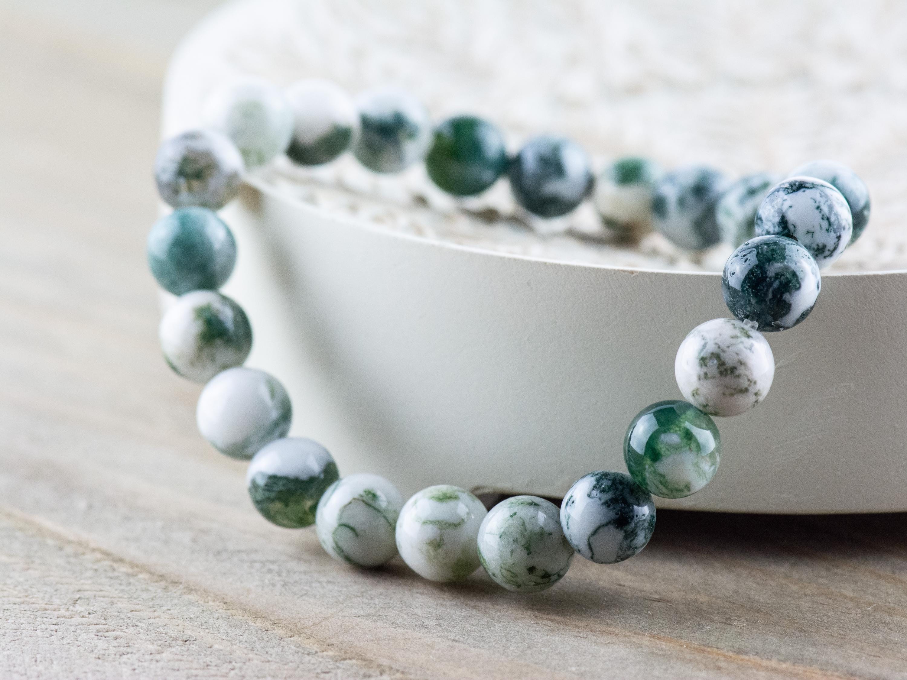 Tree Agate Smooth Round Beaded Stretch Bracelet, Simple Unisex Semi-Precious Stone Jewelry, Handmade Natural Gemstone Fashion Accessories