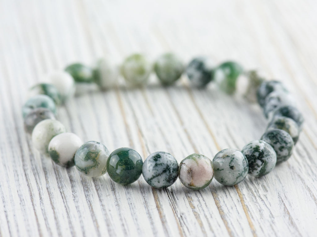 Tree Agate Smooth Round Beaded Stretch Bracelet, Simple Unisex Semi-Precious Stone Jewelry, Handmade Natural Gemstone Fashion Accessories