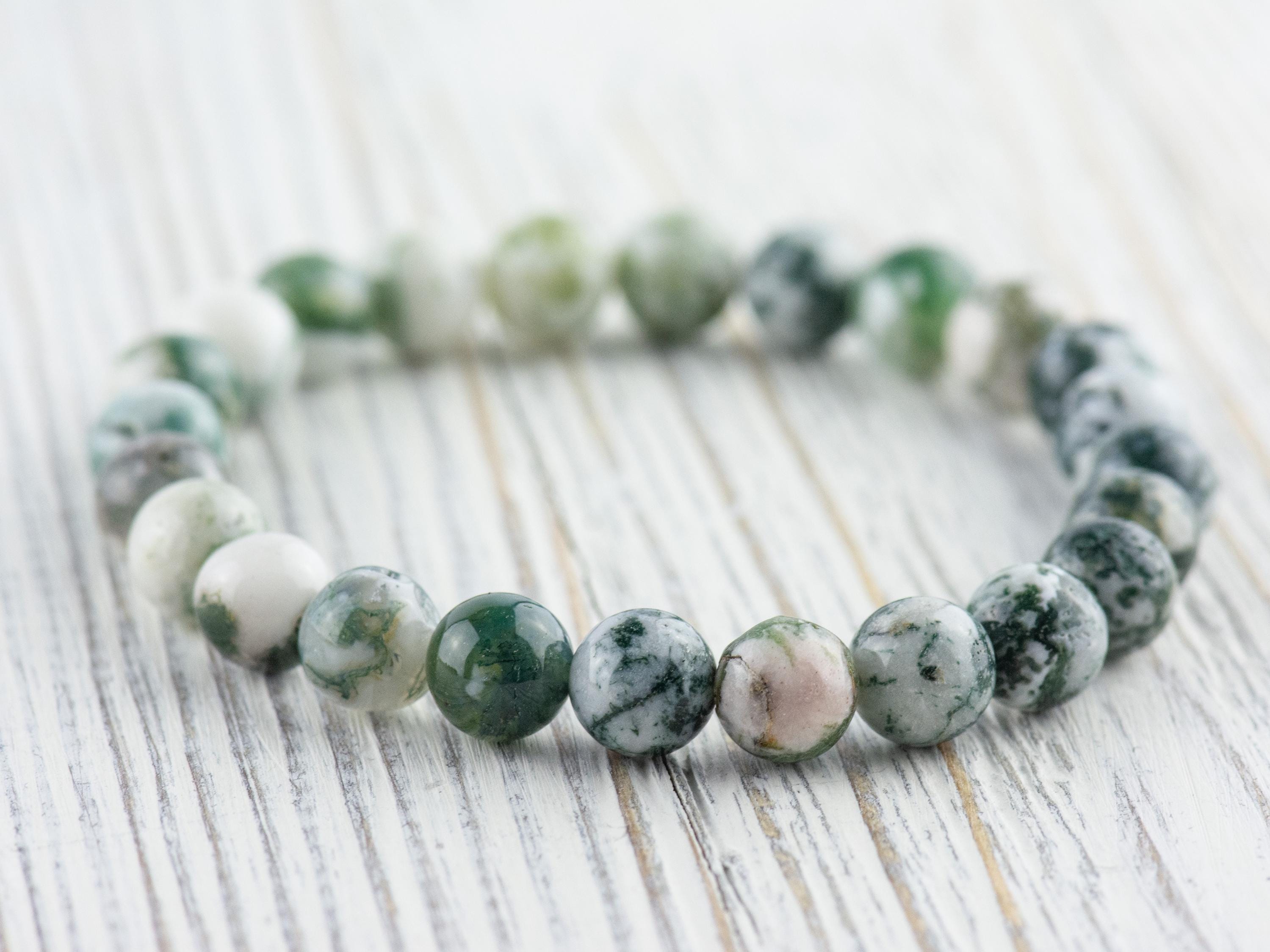 Tree Agate Smooth Round Beaded Stretch Bracelet, Simple Unisex Semi-Precious Stone Jewelry, Handmade Natural Gemstone Fashion Accessories