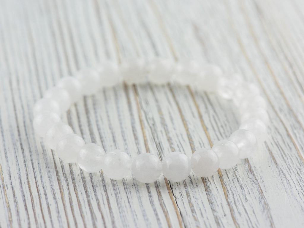 Snow Quartz Smooth Round Beaded Stretch Bracelet, Simple Unisex Semi-Precious Stone Jewelry, Handmade Natural Gemstone Fashion Accessories
