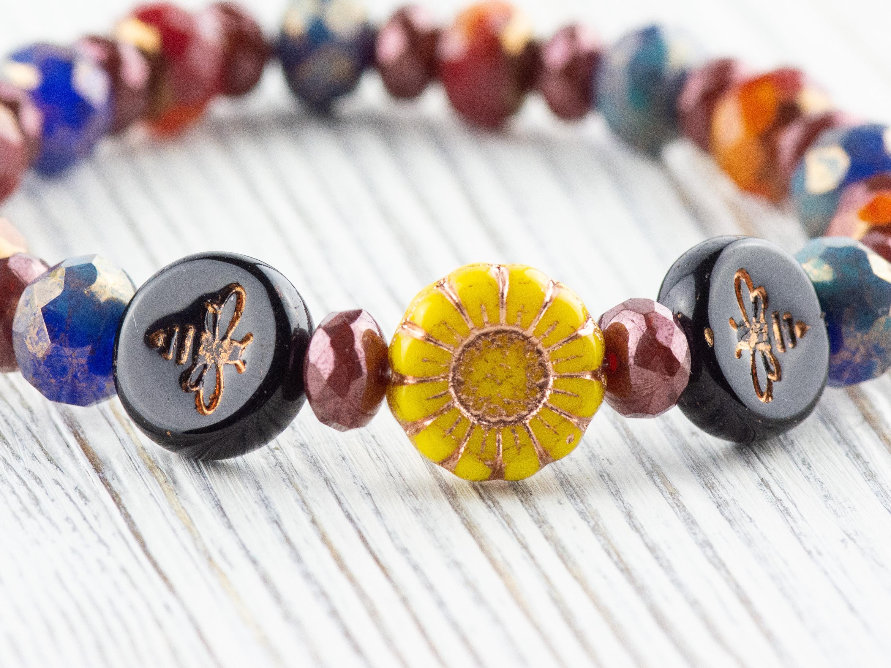 Bumble Bee Floral Beaded Stretch Bracelet, Colorful Handmade Faceted Czech Glass Jewelry, Nature Inspired Sunflower Fashion Accessory