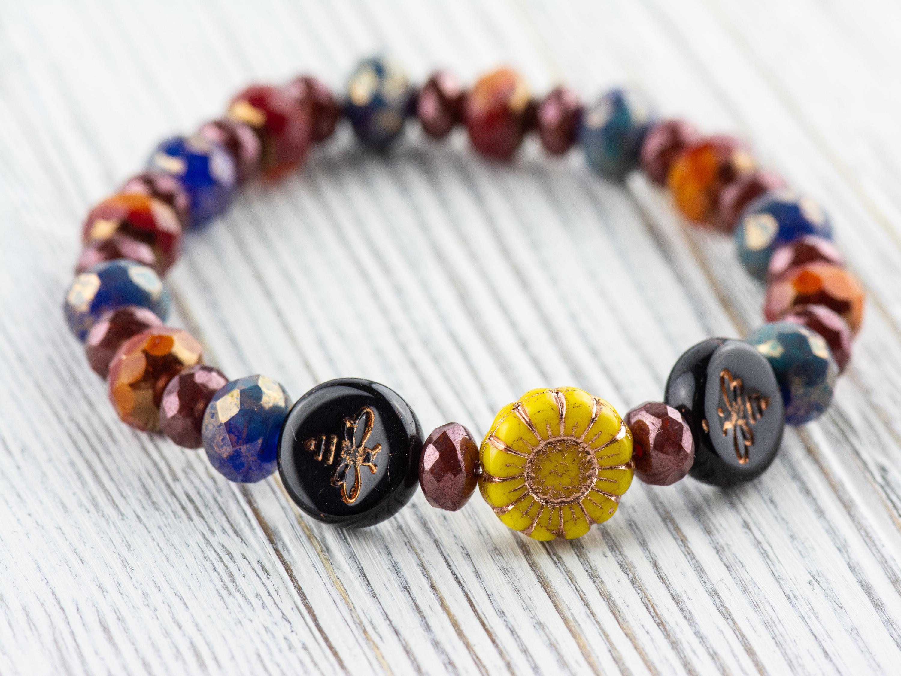 Bumble Bee Floral Beaded Stretch Bracelet, Colorful Handmade Faceted Czech Glass Jewelry, Nature Inspired Sunflower Fashion Accessory