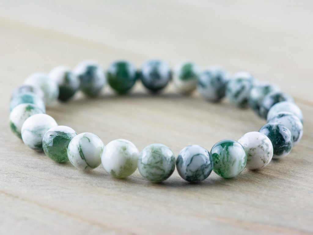 Tree Agate Smooth Round Beaded Stretch Bracelet, Simple Unisex Semi-Precious Stone Jewelry, Handmade Natural Gemstone Fashion Accessories