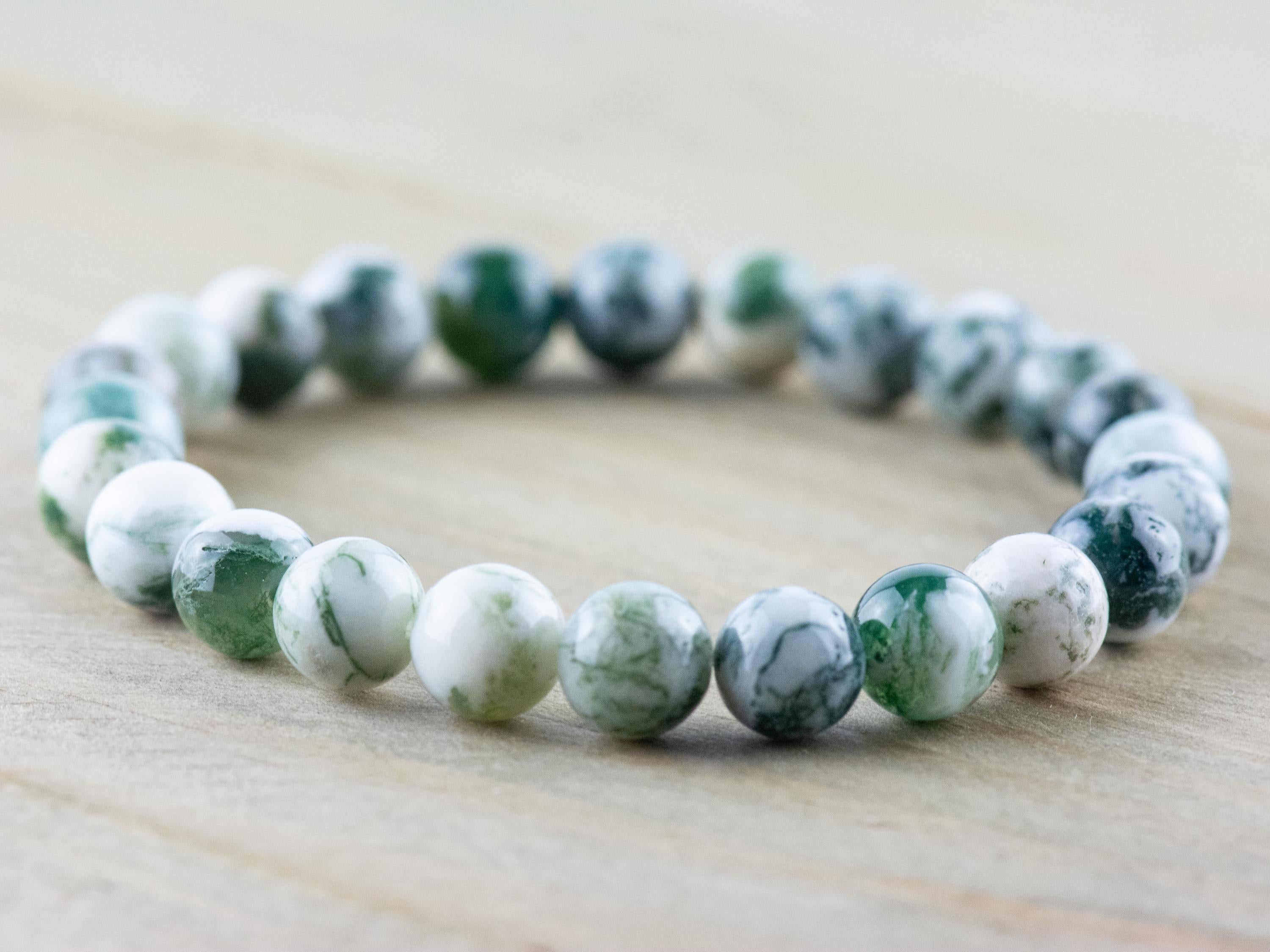 Tree Agate Smooth Round Beaded Stretch Bracelet, Simple Unisex Semi-Precious Stone Jewelry, Handmade Natural Gemstone Fashion Accessories