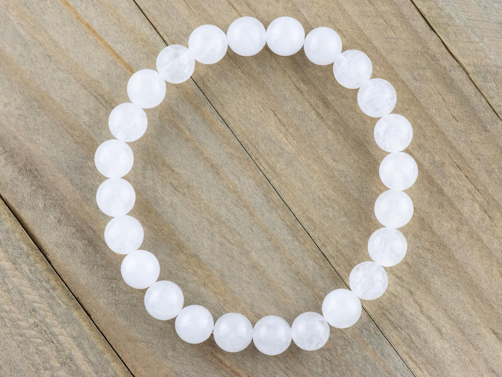 Snow Quartz Smooth Round Beaded Stretch Bracelet, Simple Unisex Semi-Precious Stone Jewelry, Handmade Natural Gemstone Fashion Accessories