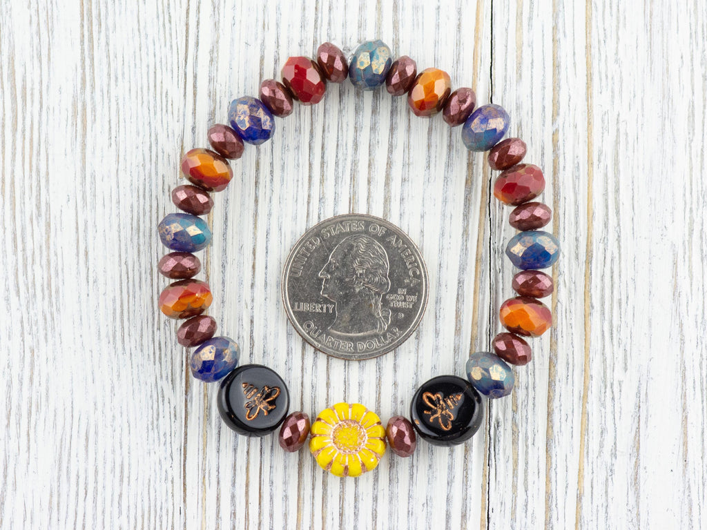 Bumble Bee Floral Beaded Stretch Bracelet, Colorful Handmade Faceted Czech Glass Jewelry, Nature Inspired Sunflower Fashion Accessory